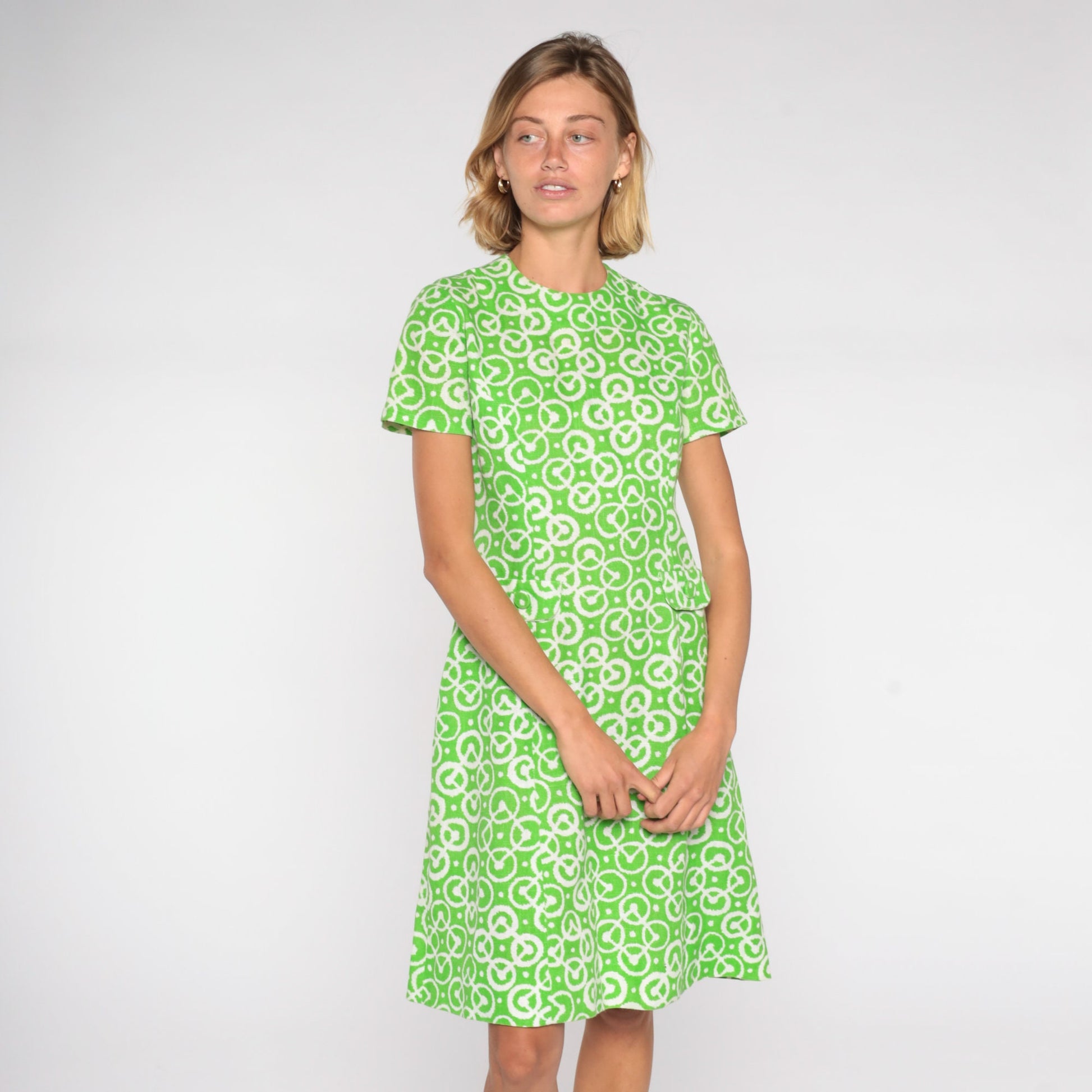 60s Green Geometric A-Line Shift Dress Short Sleeve Mini Pockets Small