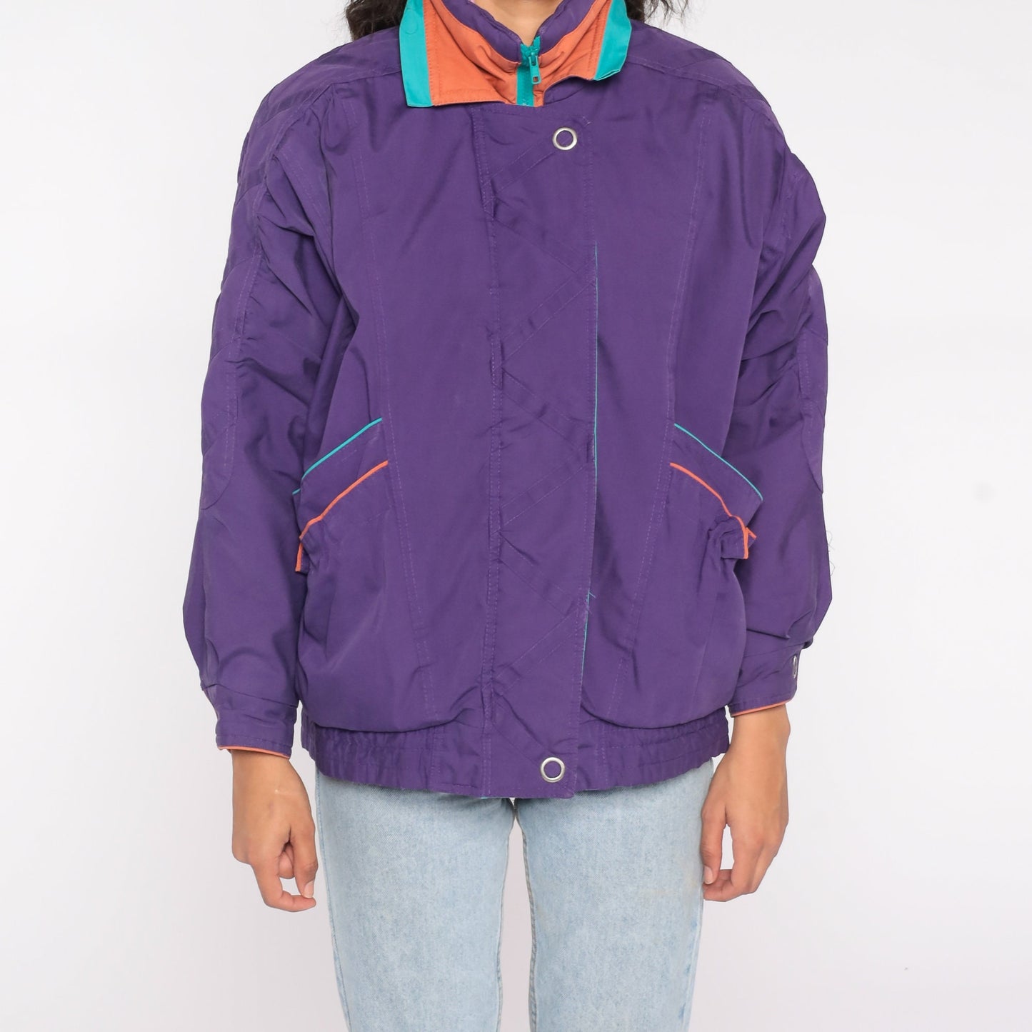 90s Purple Windbreaker Jacket Turquoise Orange Piping Zip Up Medium