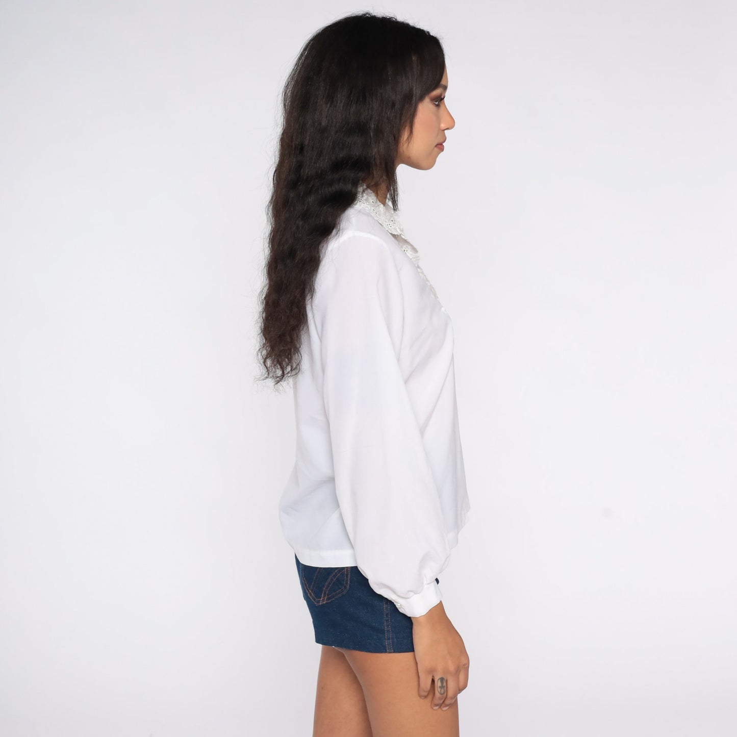 70s White Lace Blouse Victorian Button-Up Sheer Long Sleeve Small Medium