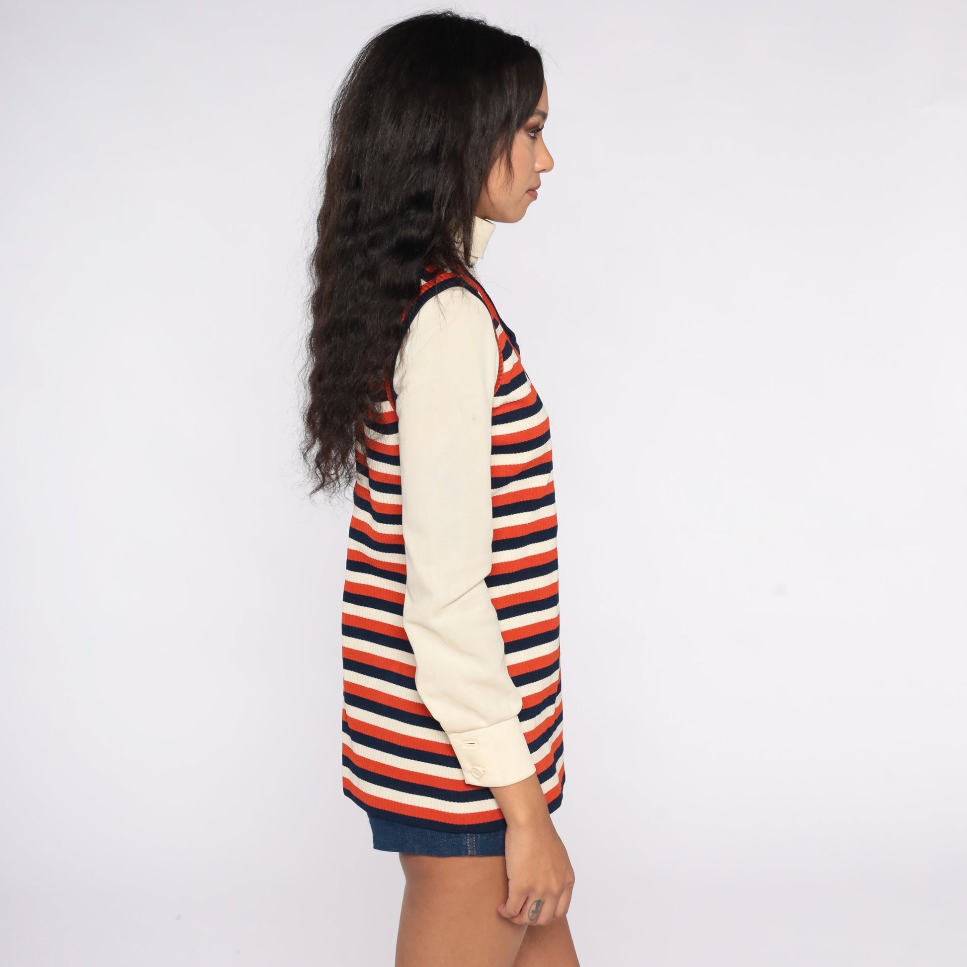 70s Cream Turtleneck with Striped Attached Vest Long Sleeve Small