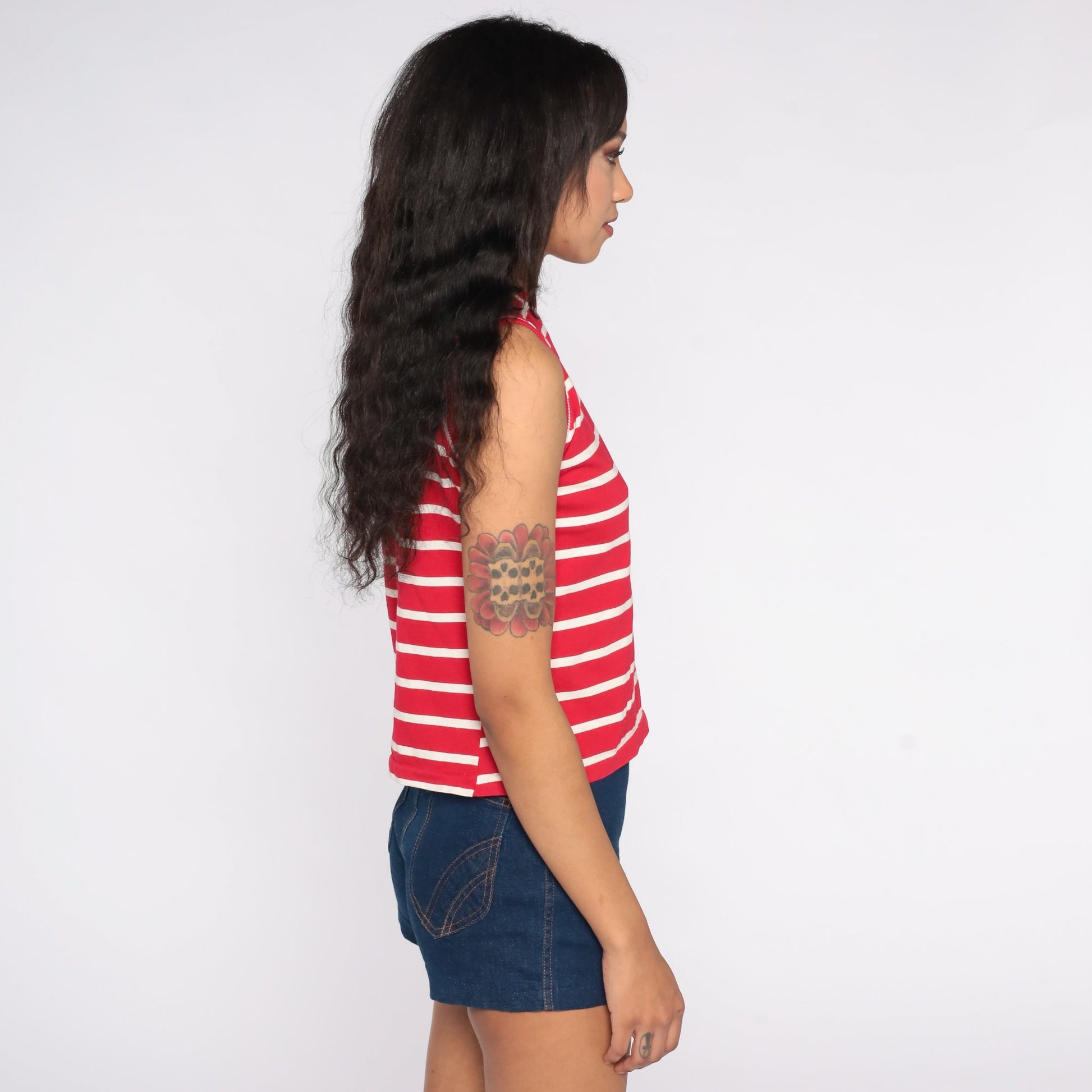 70s Red & White Striped Tank Top Knit Sleeveless Shirt Small S