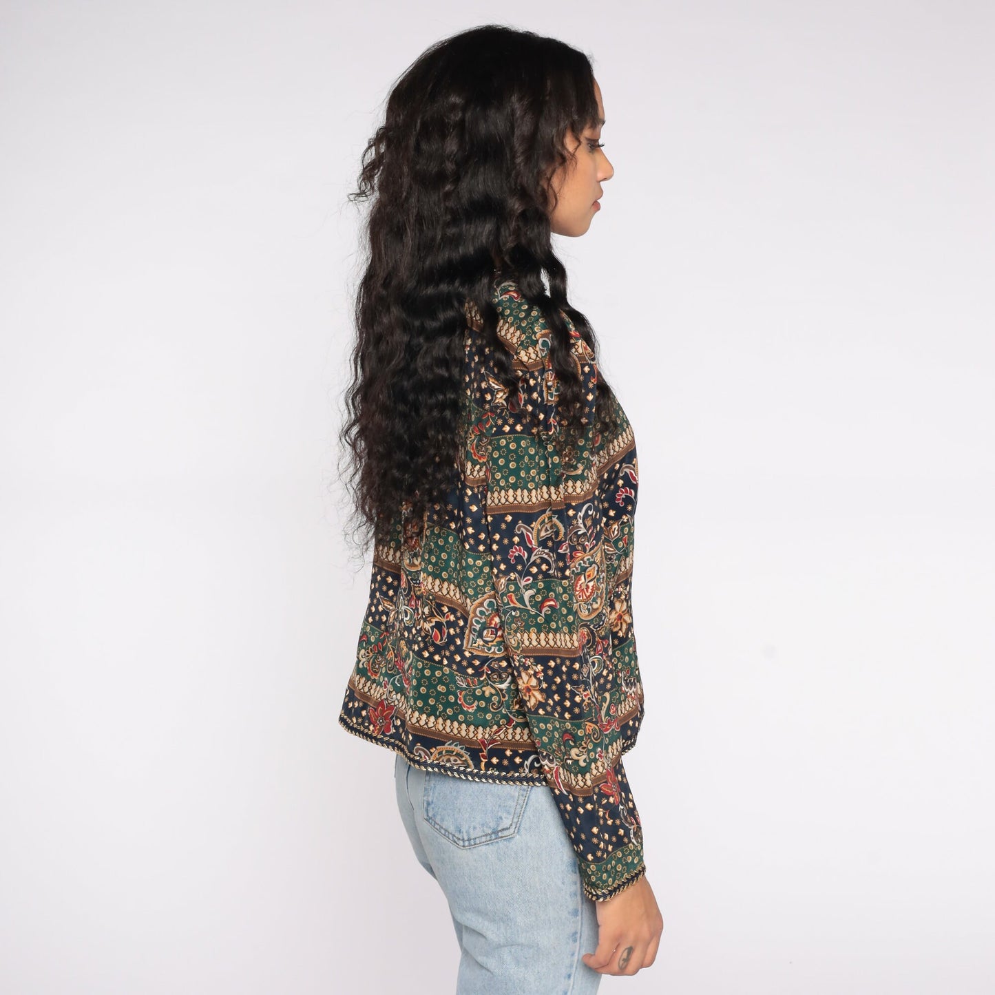 90s Abstract Floral Striped Jacket Green Blue Leaf Print Button Up Large L