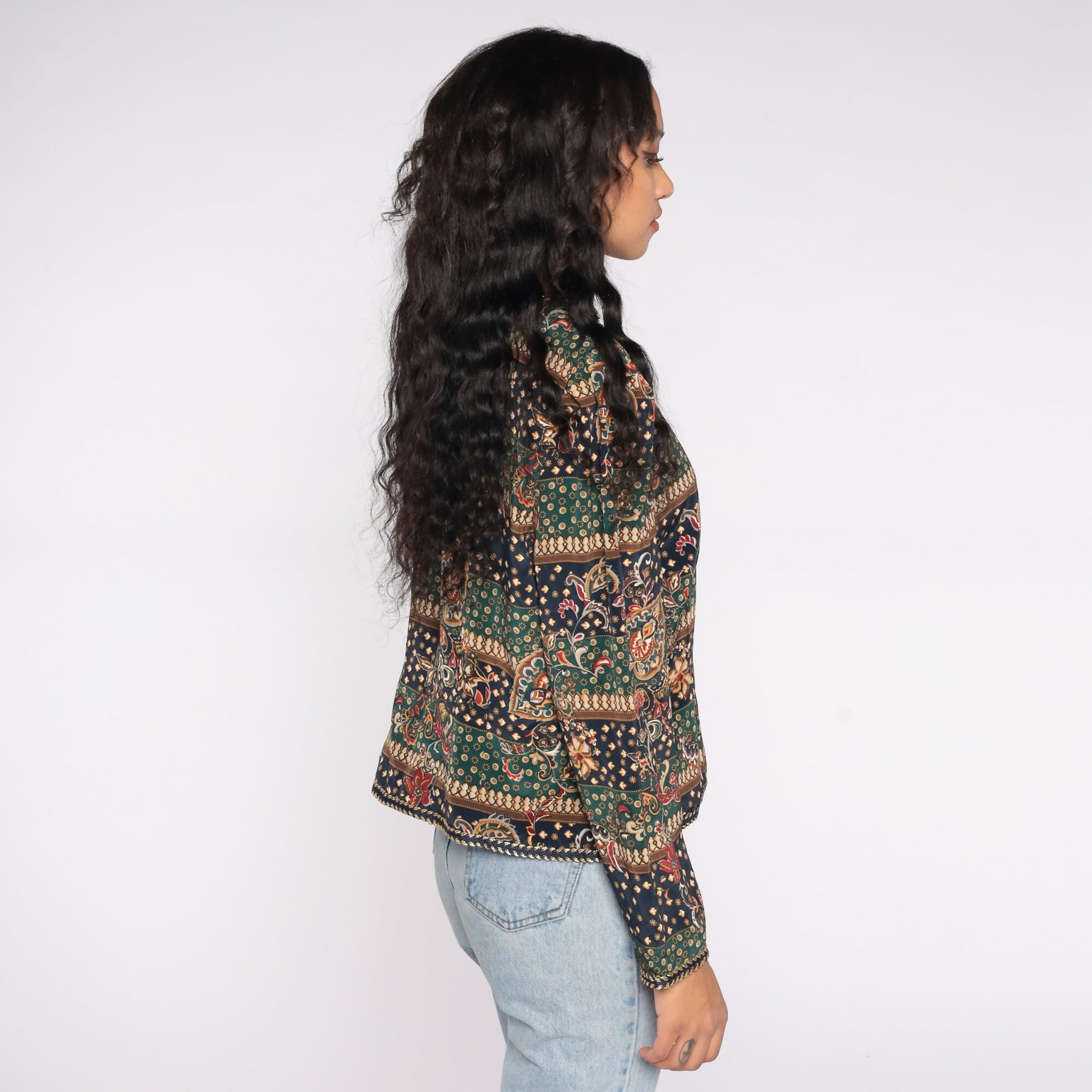 90s Abstract Floral Striped Jacket Green Blue Leaf Print Button Up Large L
