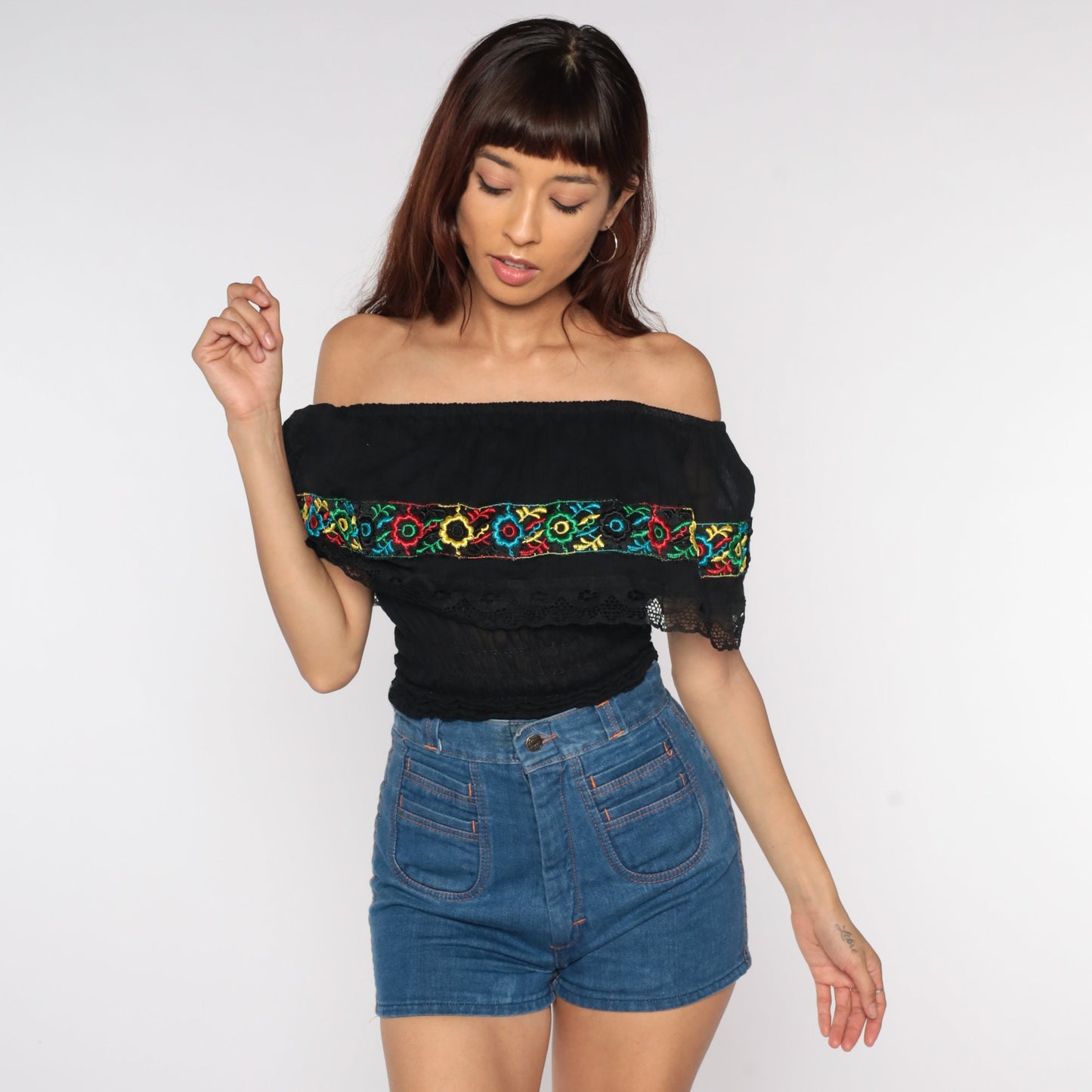 80s Black Off-Shoulder Blouse Floral Embroidered Smocked Waist Extra Small
