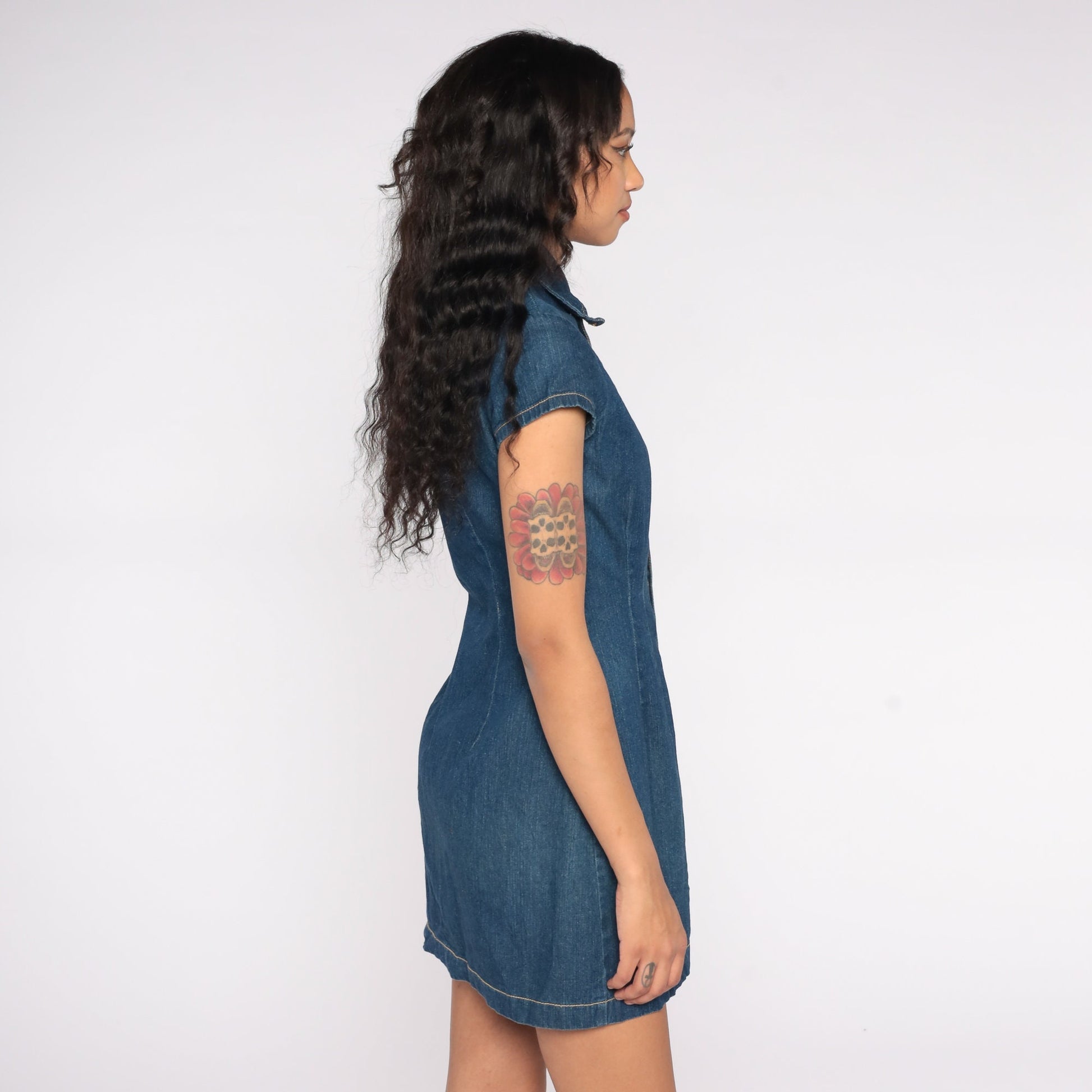 90s Bongo Denim Mini Dress Dark Blue Button-Up Collar Short Sleeve Extra Small XS