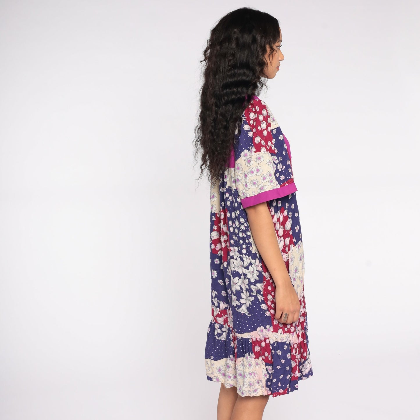 80s Liberty House Floral Patchwork Midi Dress Purple Blue Red Extra Large