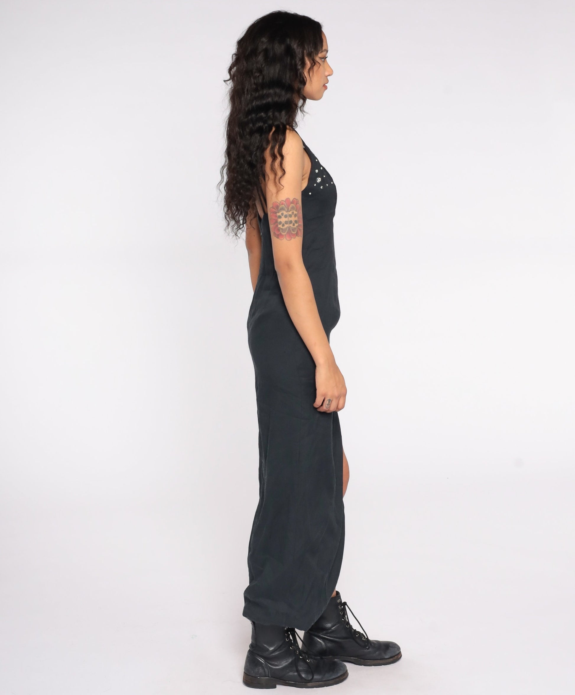 80s Black Maxi Dress Rhinestone Chest Spaghetti Strap Low Back High Slit Extra Small