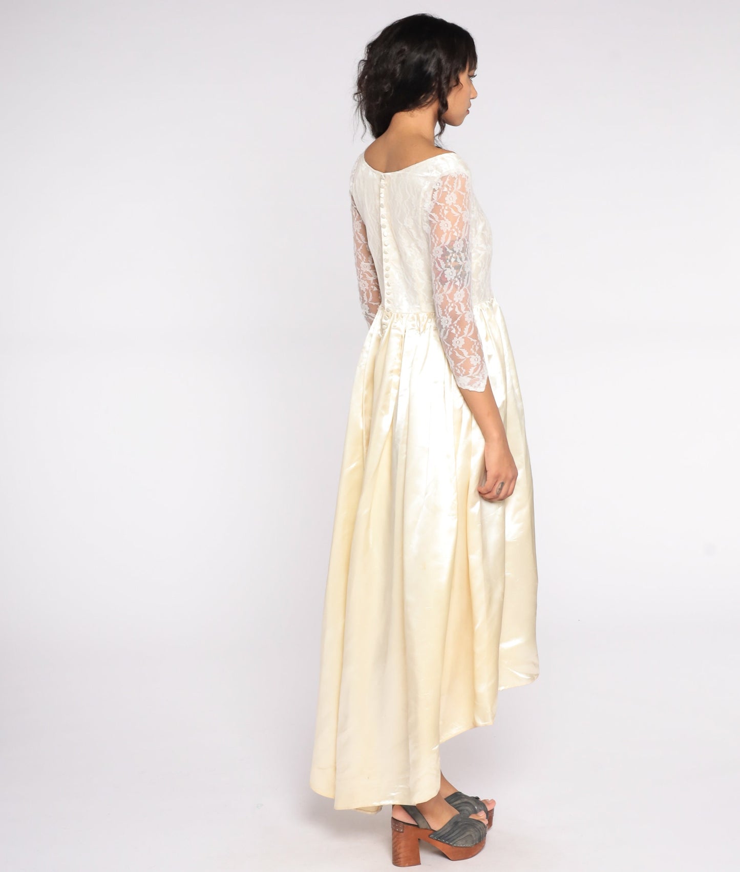 1960s Cream Lace Wedding Dress Basque Waist Maxi Small