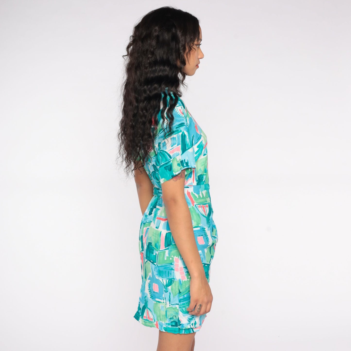 80s Blue City Print Wrap Dress Mini Short Sleeve Medium