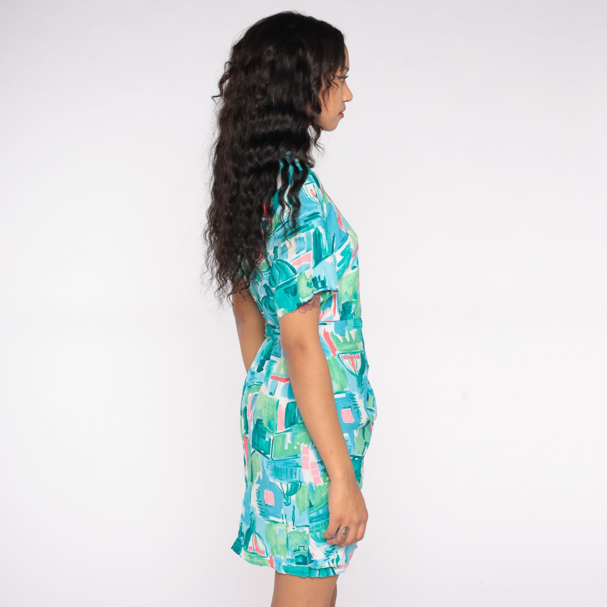 80s Blue City Print Wrap Dress Mini Short Sleeve Medium