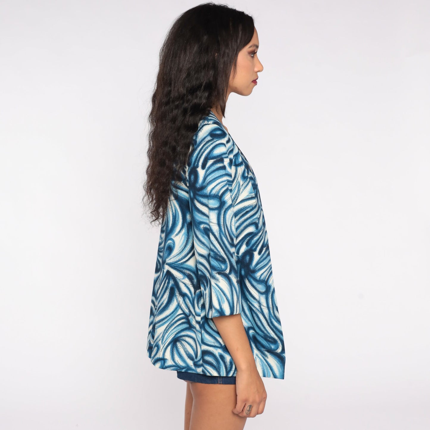 70s Blue Swirl Print Open Front Jacket Small