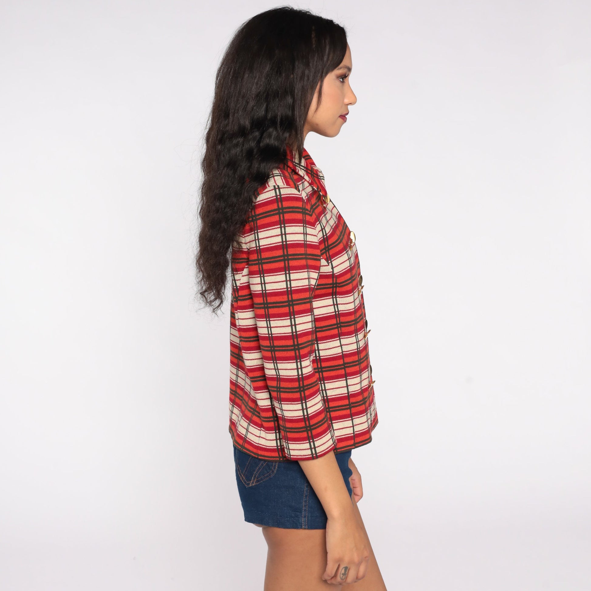 60s Plaid Wool Jacket Cropped Double Breasted Orange Red Mod Small