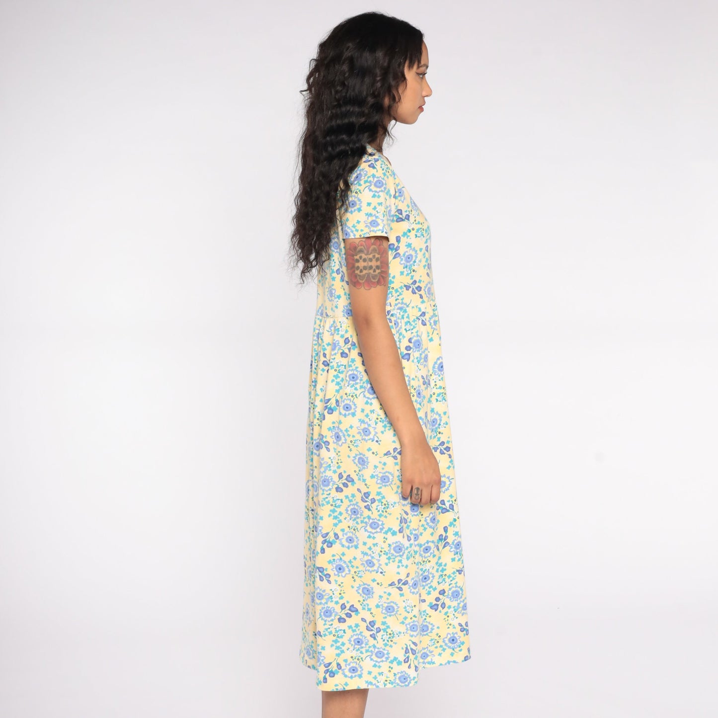 80s Yellow Blue Floral Midi Dress Cotton Short Sleeve High Waist Small S