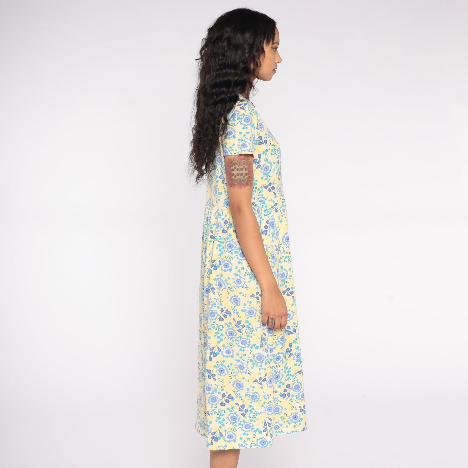 80s Yellow Blue Floral Midi Dress Cotton Short Sleeve High Waist Small S