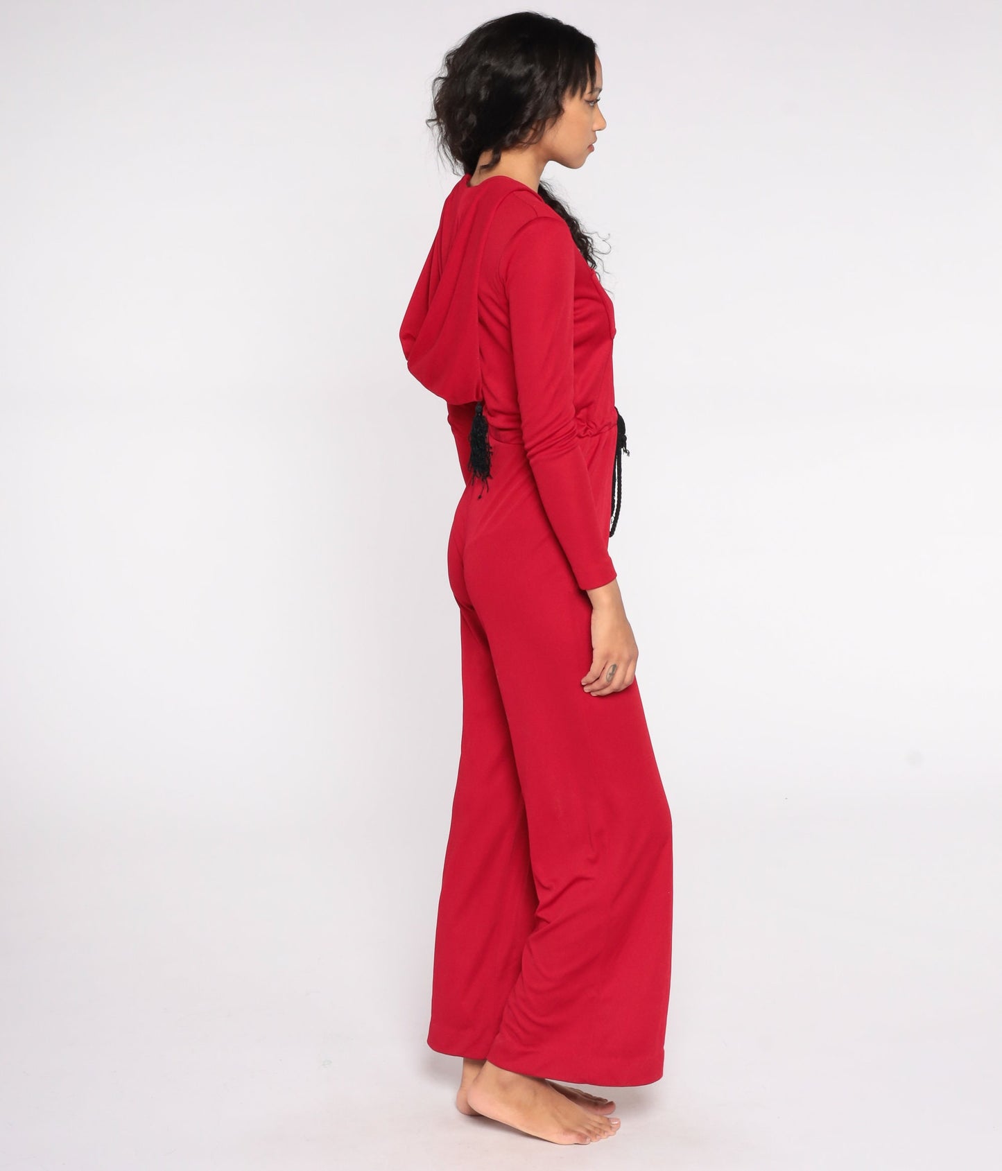 70s Red Hooded Jumpsuit Wide Leg Bell Bottom Zip Front Small