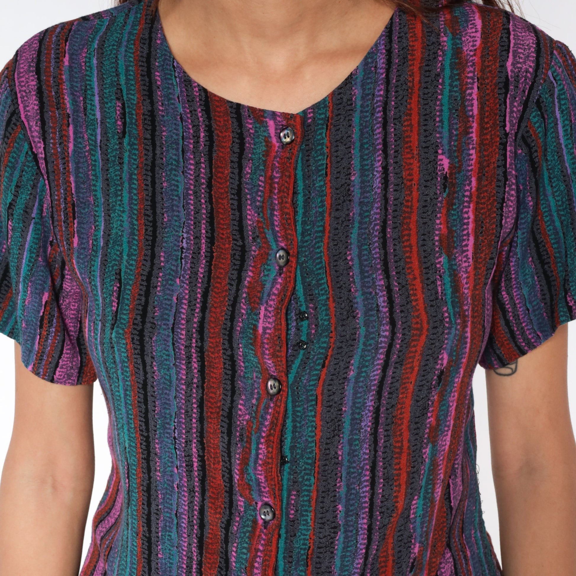 90s Striped Button-Up Shirt Purple Teal Green Pink Short Sleeve Small