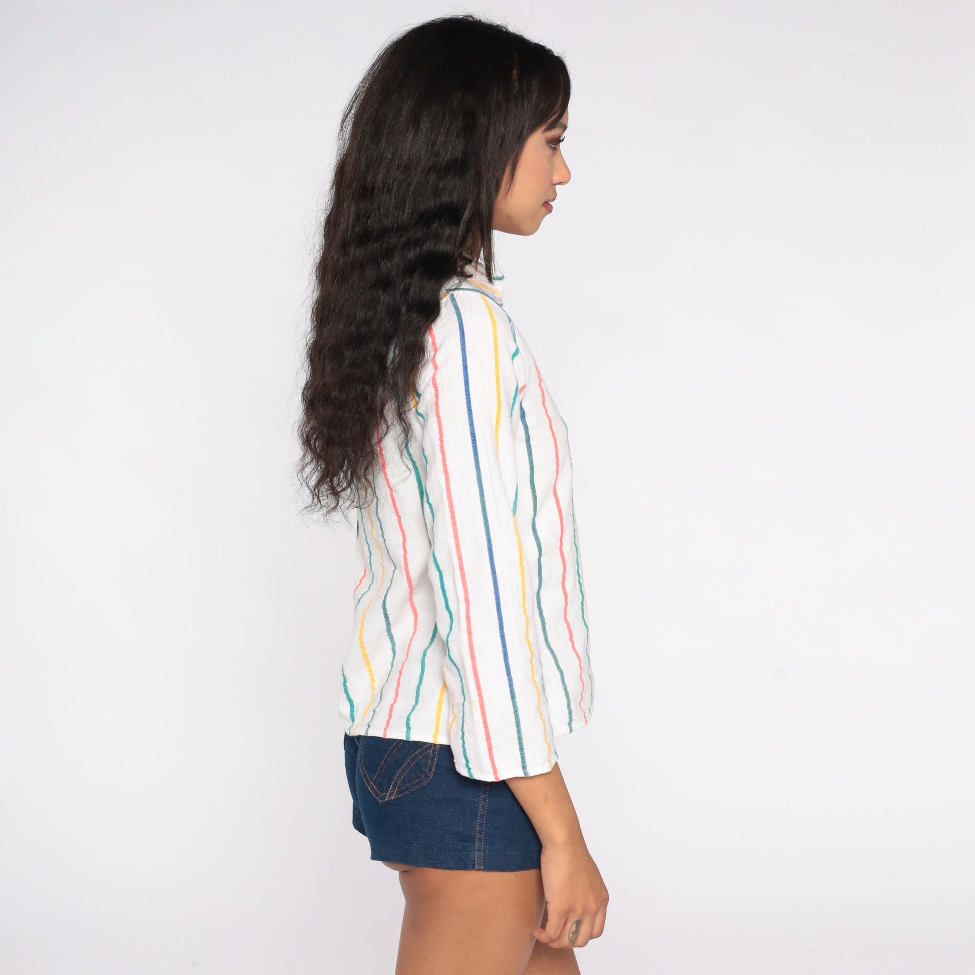 70s Cotton Striped Tunic Top White V-Neck Long Sleeve Extra Small