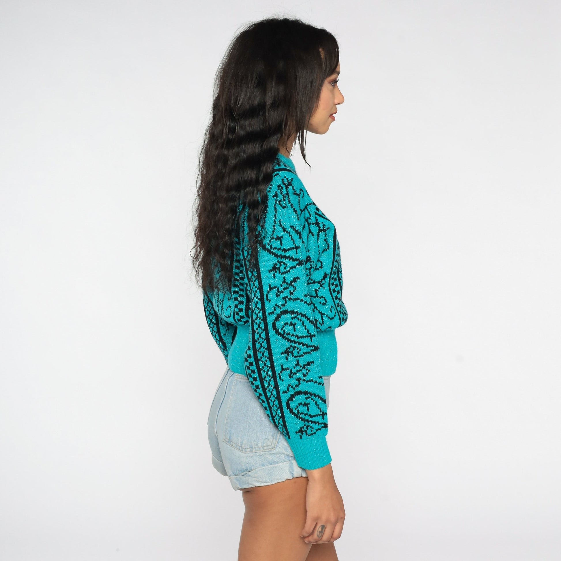 80s Sparkly Teal Geometric Knit Sweater Metallic Swirl Crewneck Small