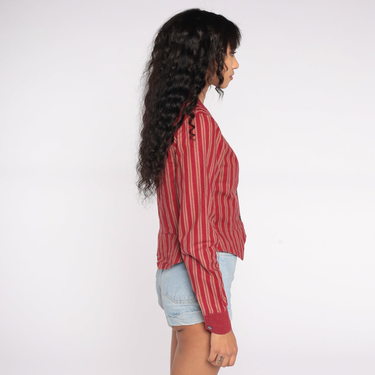 80s Laura Ashley Cotton Striped Button-Up Blouse Chelsea Collar Red Medium
