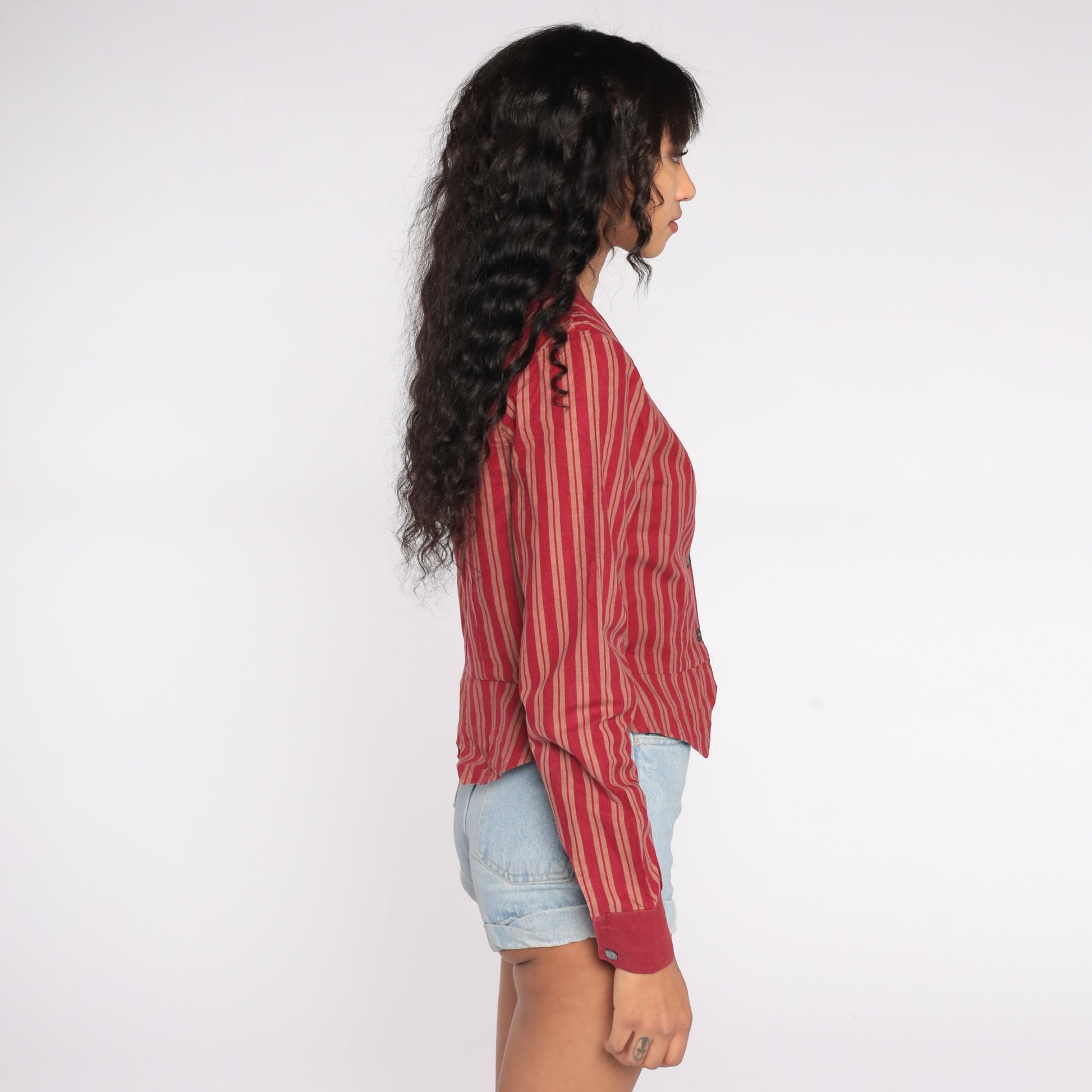 80s Laura Ashley Cotton Striped Button-Up Blouse Chelsea Collar Red Medium