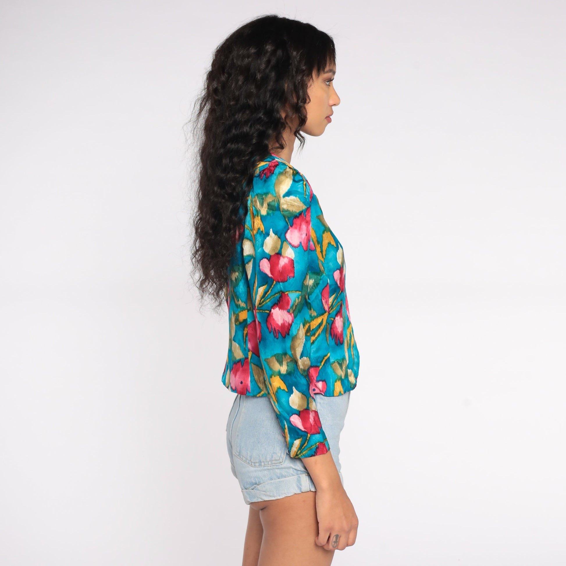 80s Blue Floral Silk Button-Up Blouse Puff Sleeve Medium