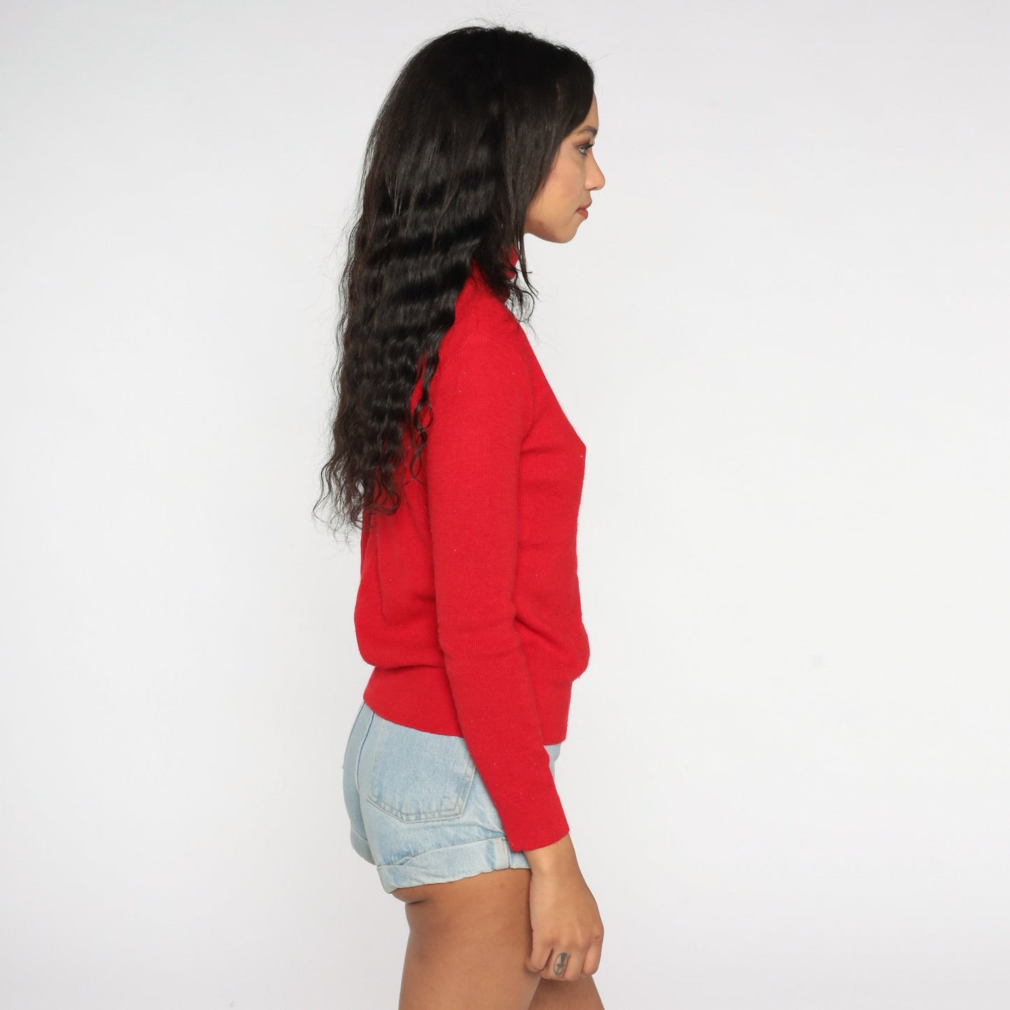 80s Red Knit Turtleneck Long Sleeve Sweater Top Ribbed Medium Large