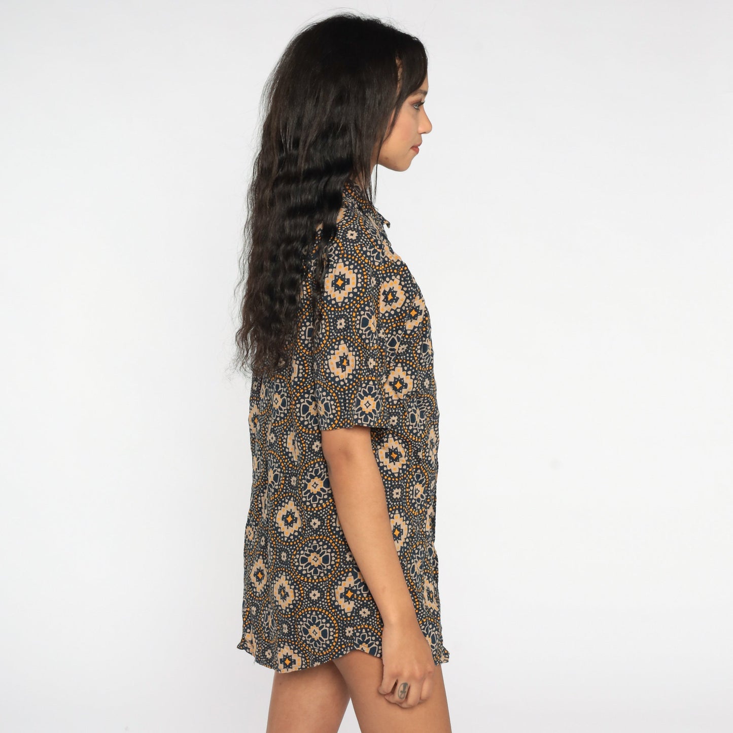 90s Geometric Floral Button Up Blouse Blue Orange Short Sleeve Extra Large XL