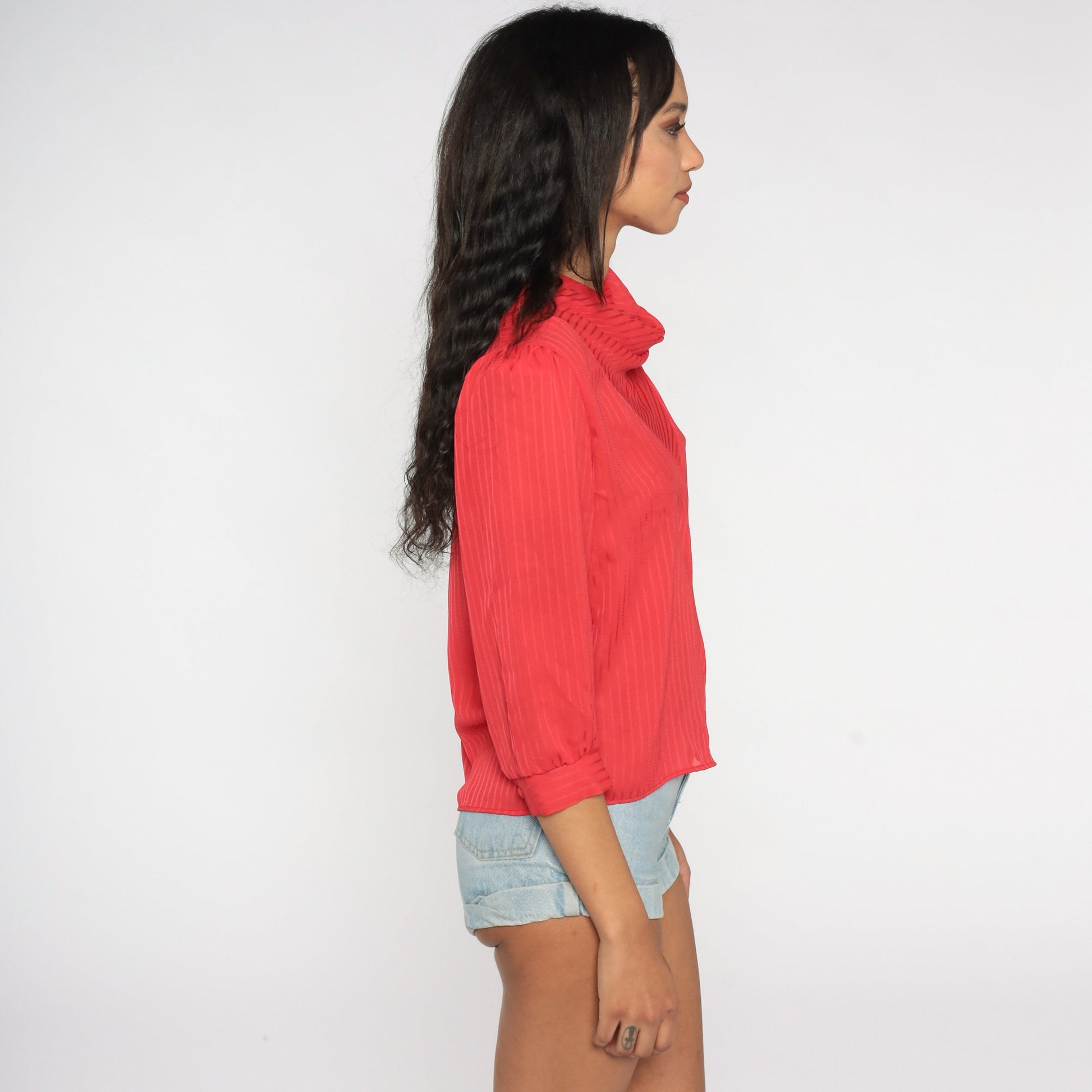 80s Red Cowl Neck Blouse Puff Sleeve Semi Sheer Party Top Medium