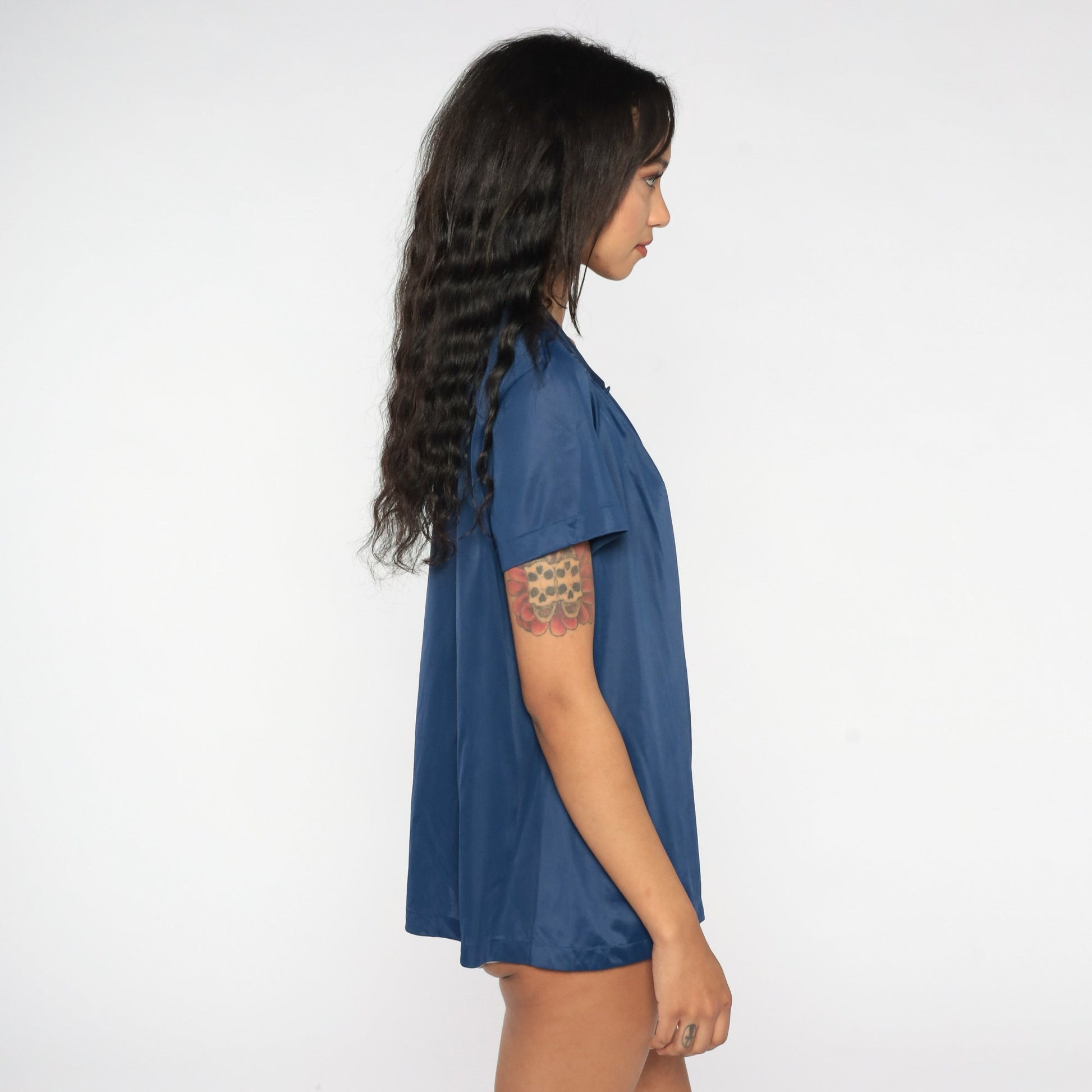 80s Navy Floral Embroidered Pajama Top Button-Up Lingerie Shirt Large L