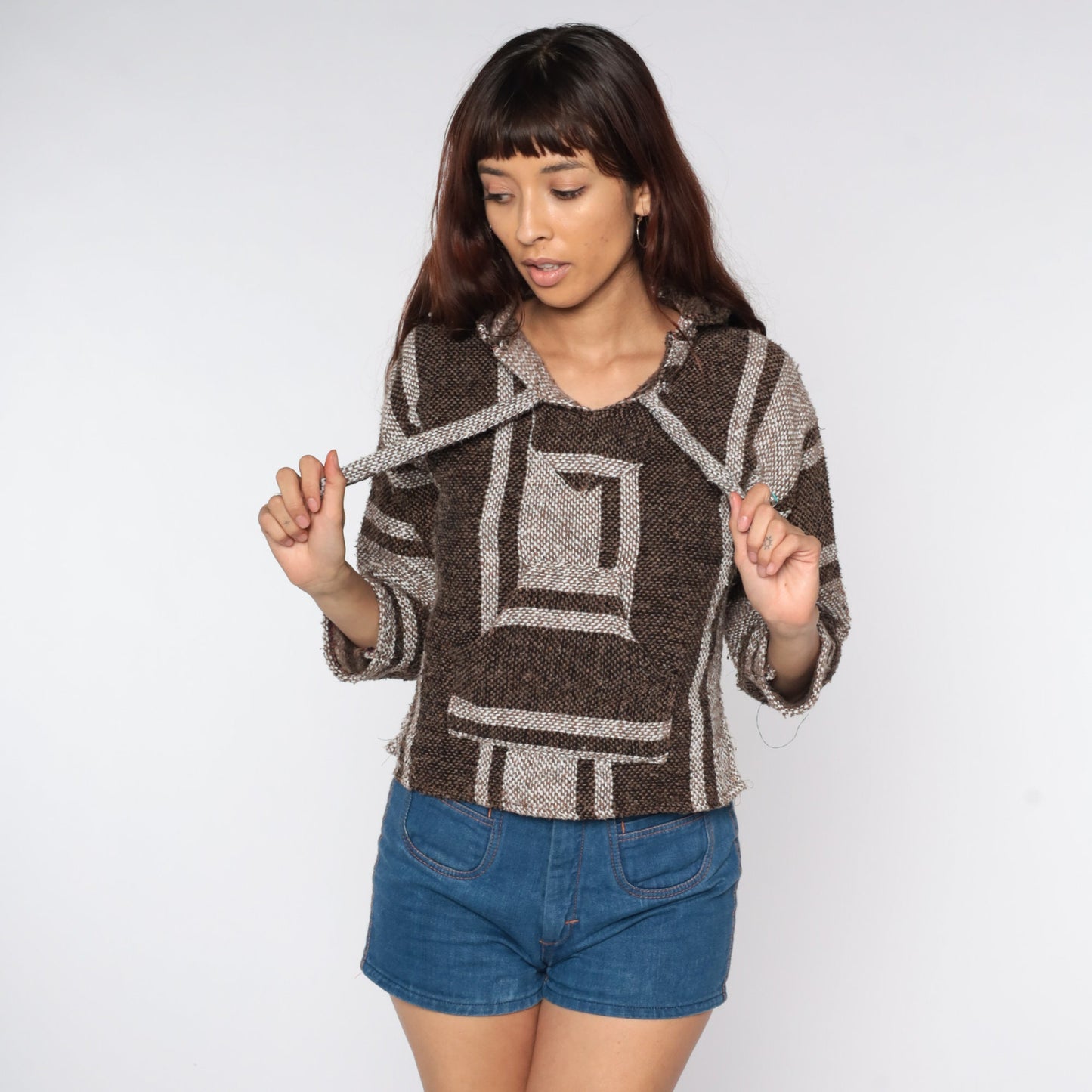90s Mexican Drug Rug Hoodie Brown Stripe Kangaroo Pocket XXS