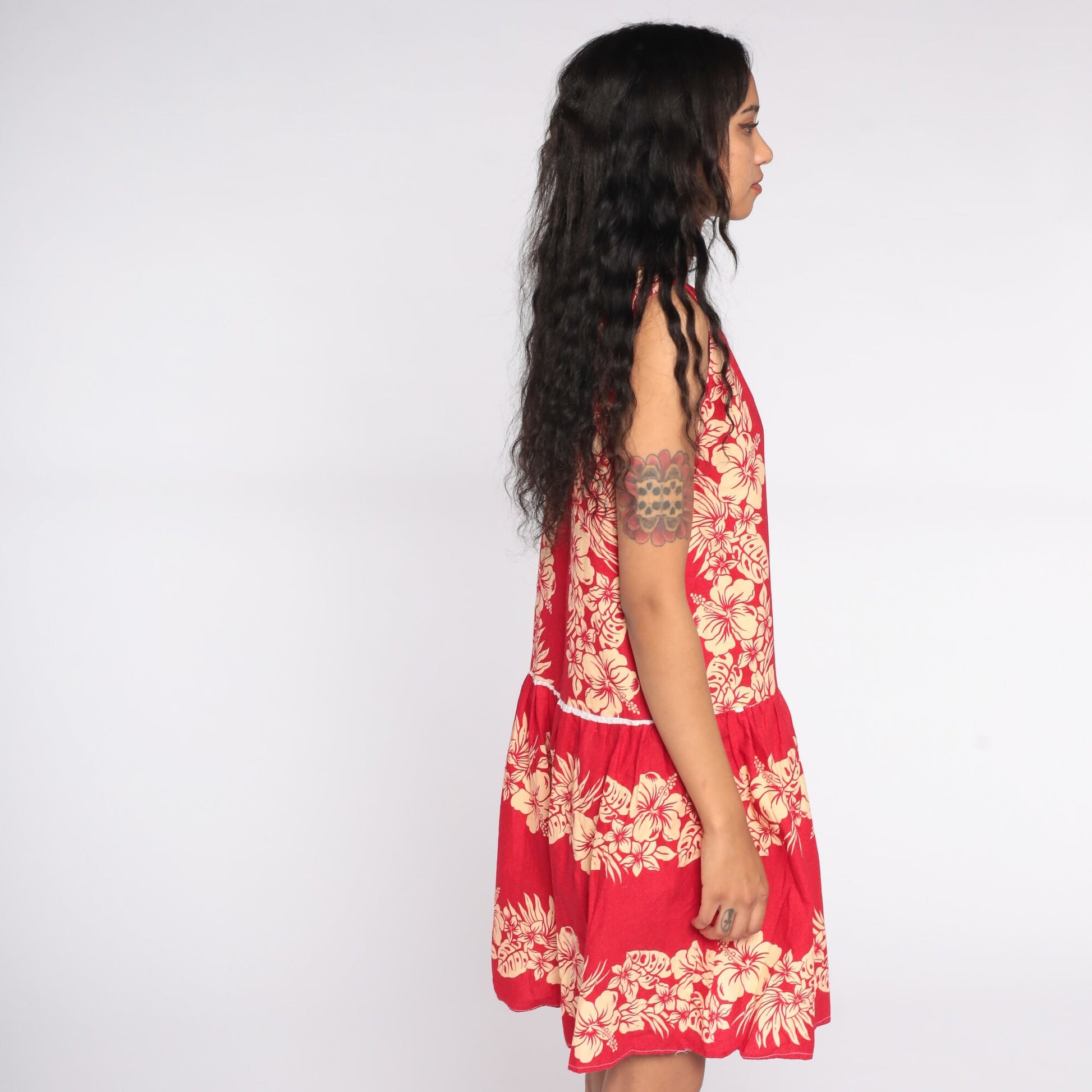 80s Tropical Floral Mini Dress Red Button-Up Sleeveless Medium