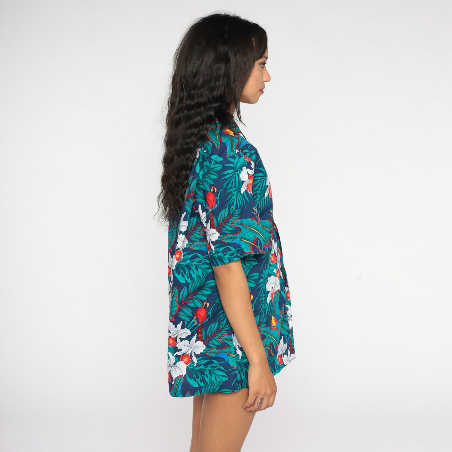 80s Hawaiian Shirt Blue Tropical Floral Parrot Print Cotton Button-Up Large L