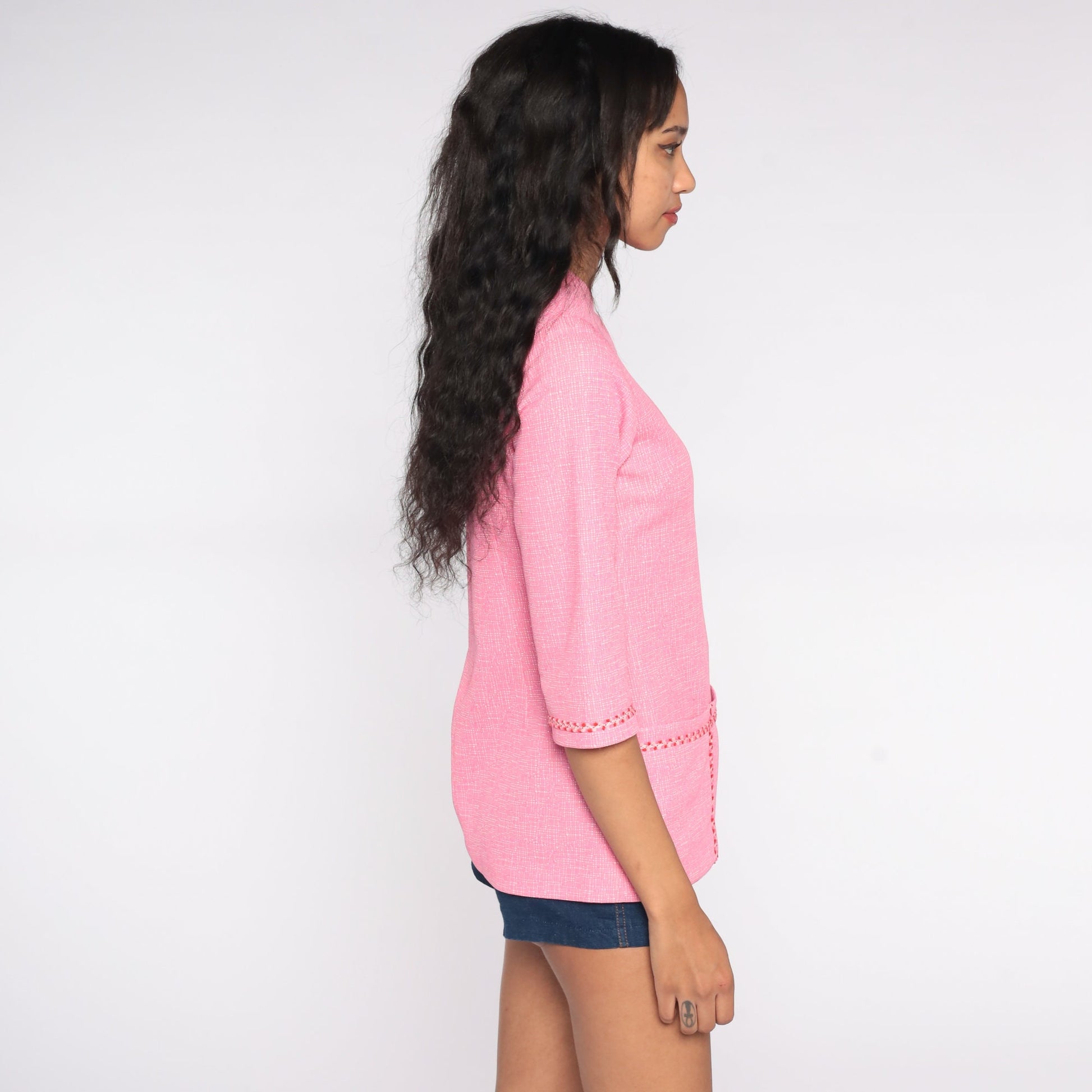 70s Pink Mod Blouse Pocket Shirt 3/4 Sleeve Polyester Knit Small S