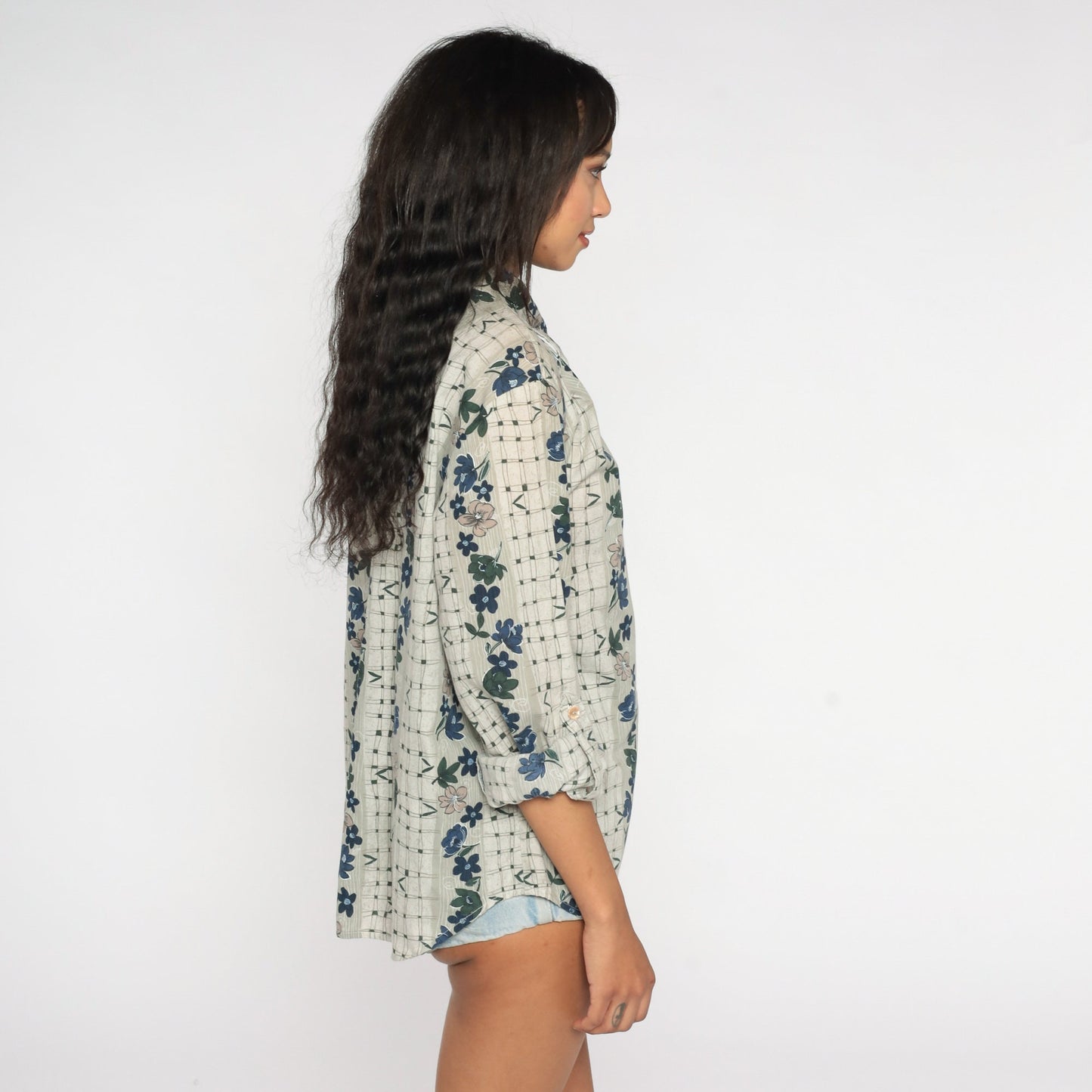 90s Floral Checkered Button-Up Blouse Grey Cuffed Sleeve Large L