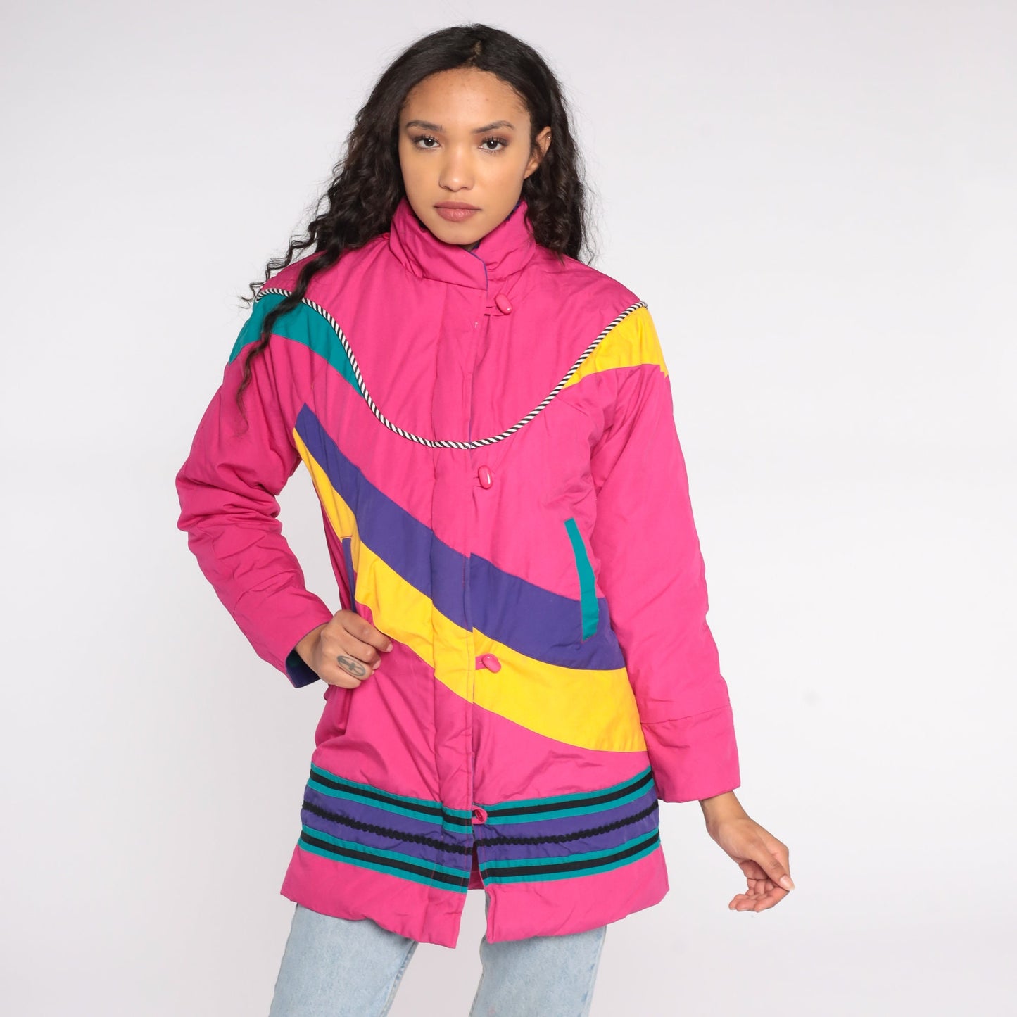 80s Neon Pink Puffer Ski Jacket Abstract Stripe Toggle Buttons Floral Lining Extra Small XS