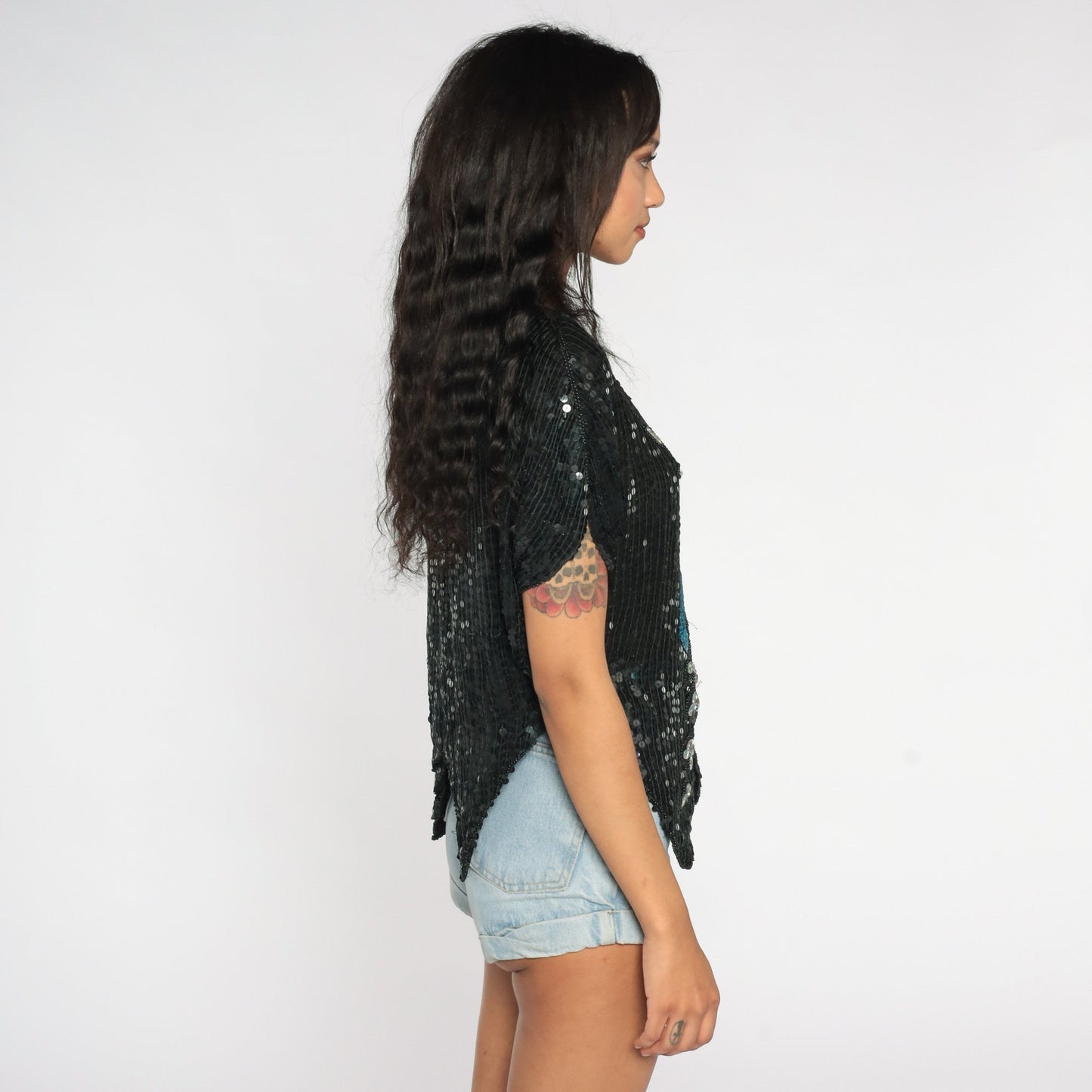 80s Sequin Floral Blouse Black Blue Metallic Short Sleeve Small Medium