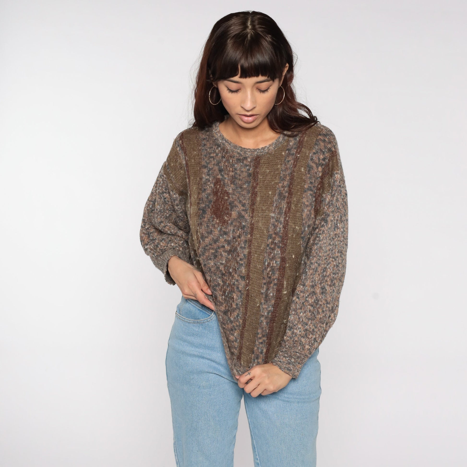 80s Brown Striped Wool Blend Crewneck Sweater Pullover Medium M