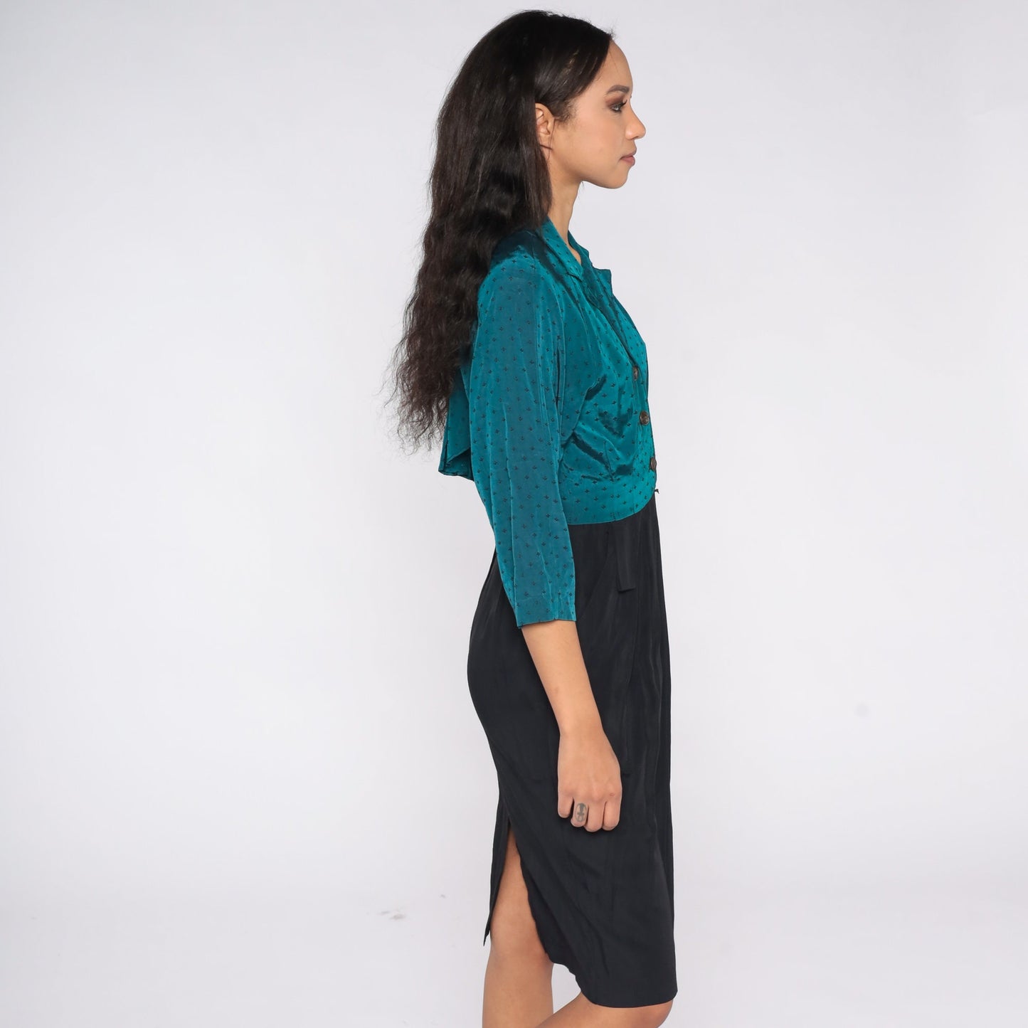 80s Teal Black Color Block Mini Dress Button Up Sheath Small S