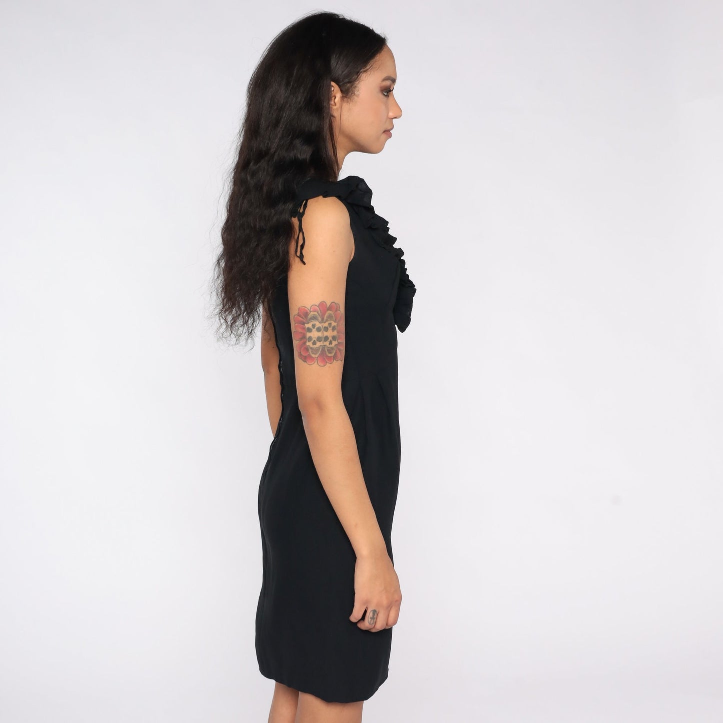 1960s Black Sheath Dress Ruffled Neckline High Waist Pencil Skirt Small