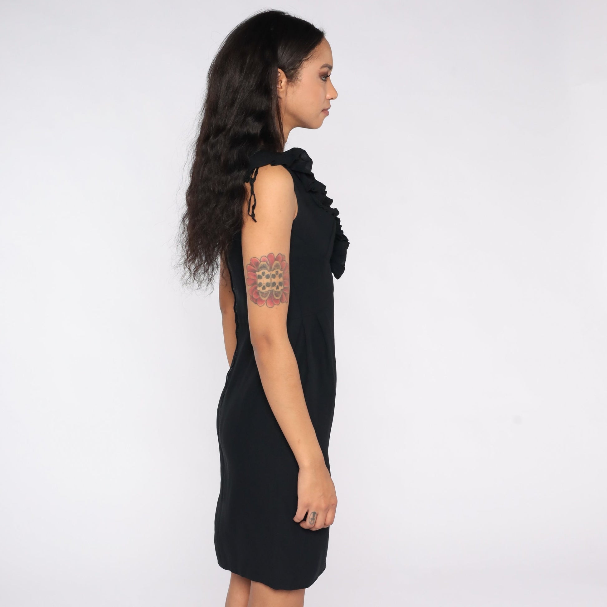1960s Black Sheath Dress Ruffled Neckline High Waist Pencil Skirt Small