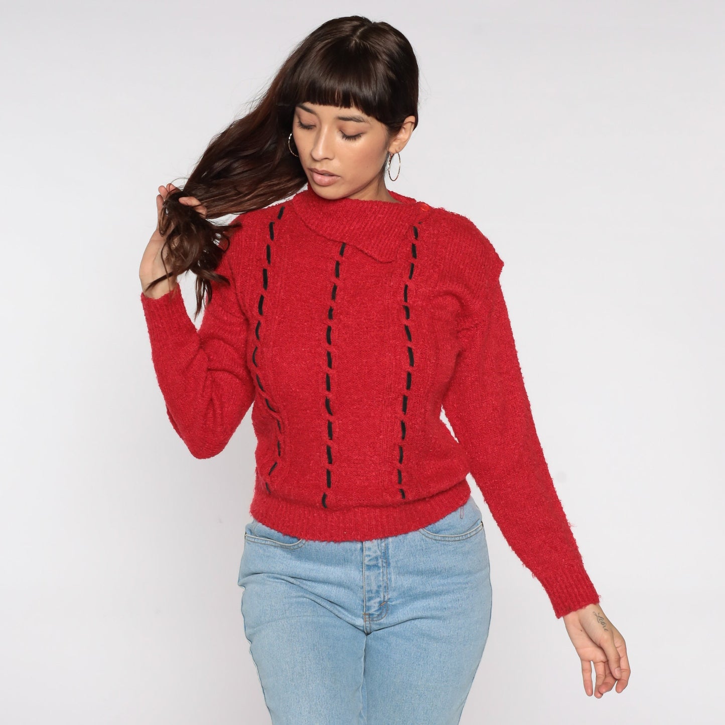 80s Red Knit Sweater Asymmetrical Collar Black Decorative Stitch Turtleneck Medium