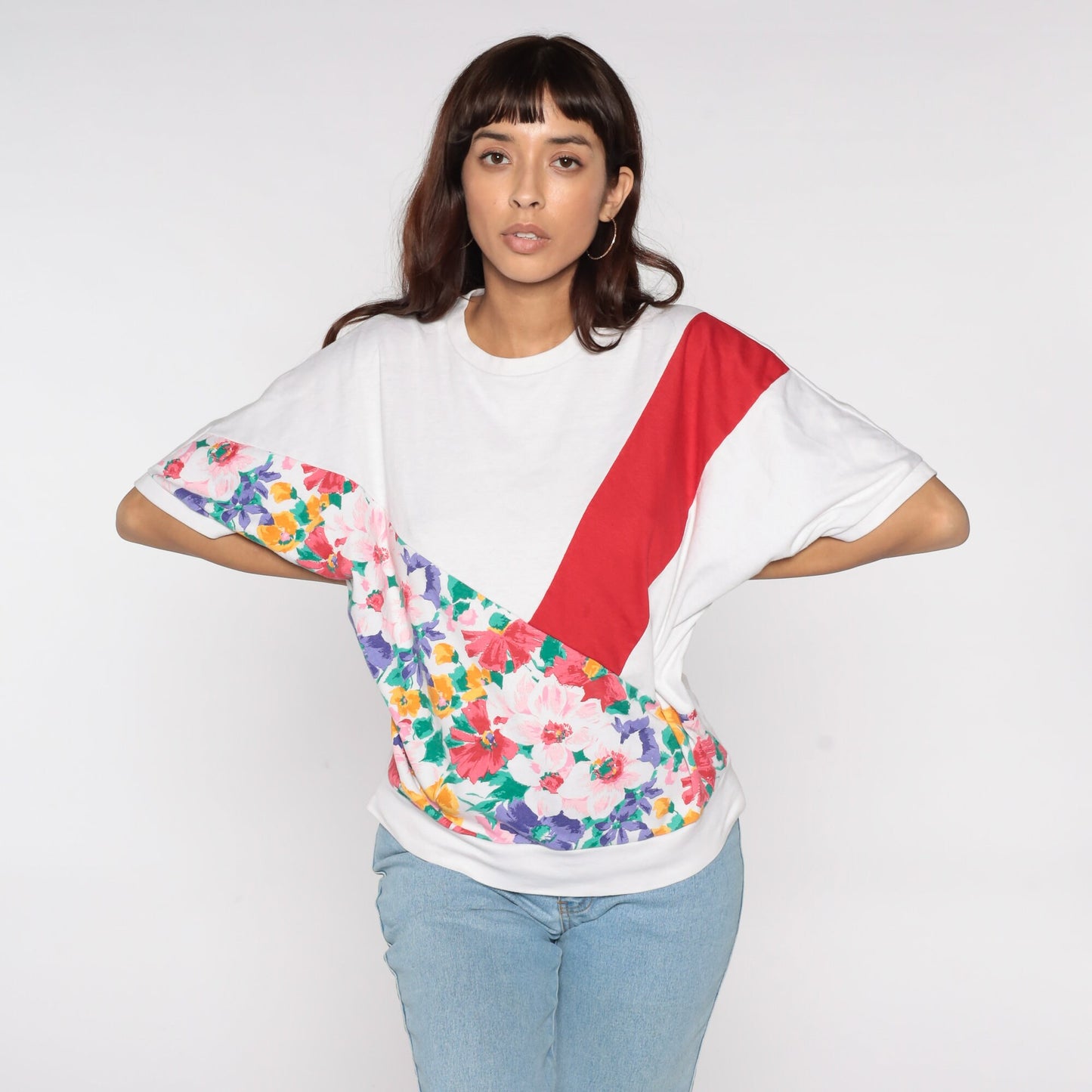 80s Floral Colour Block Top White Red Stripe Short Sleeve Crewneck Medium