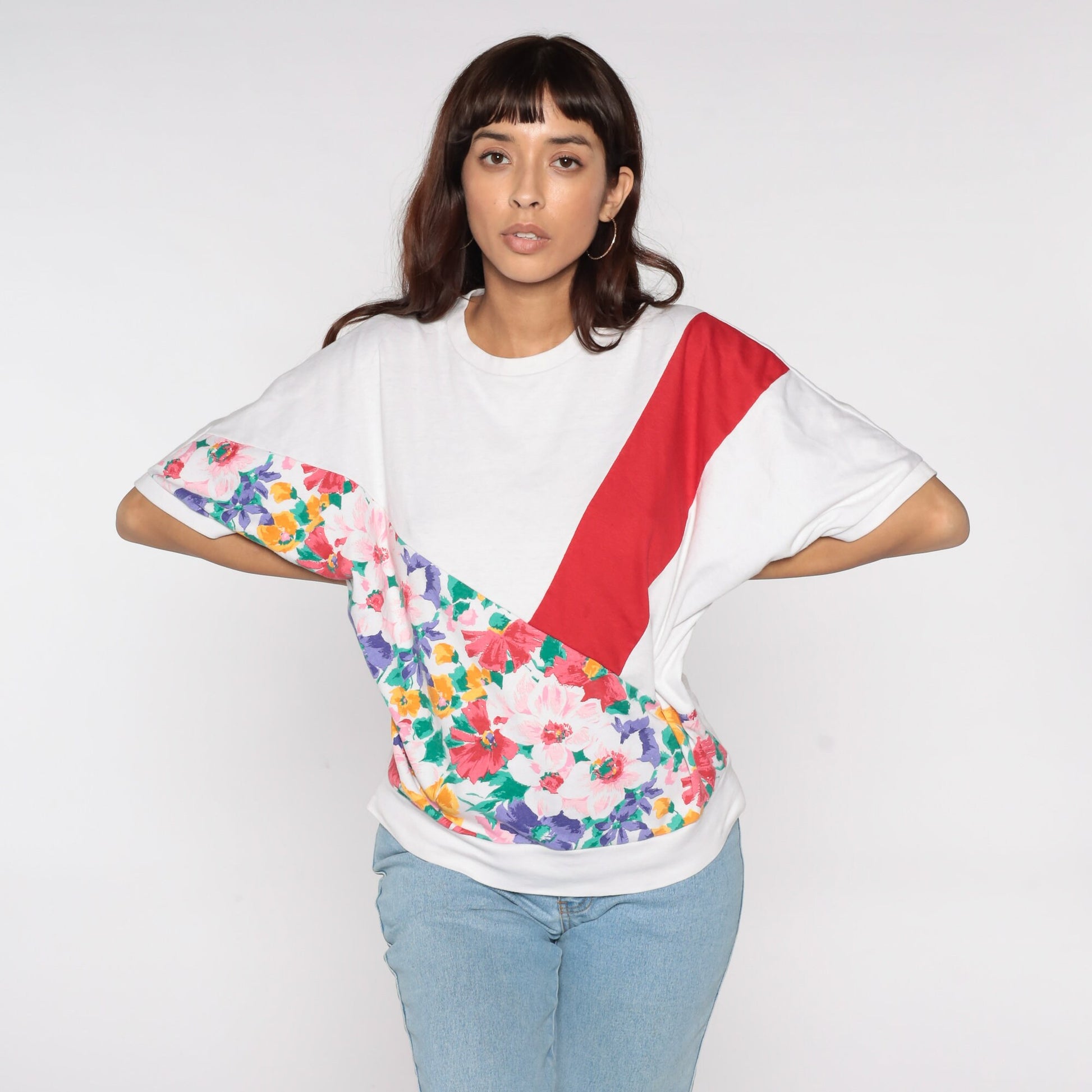 80s Floral Colour Block Top White Red Stripe Short Sleeve Crewneck Medium
