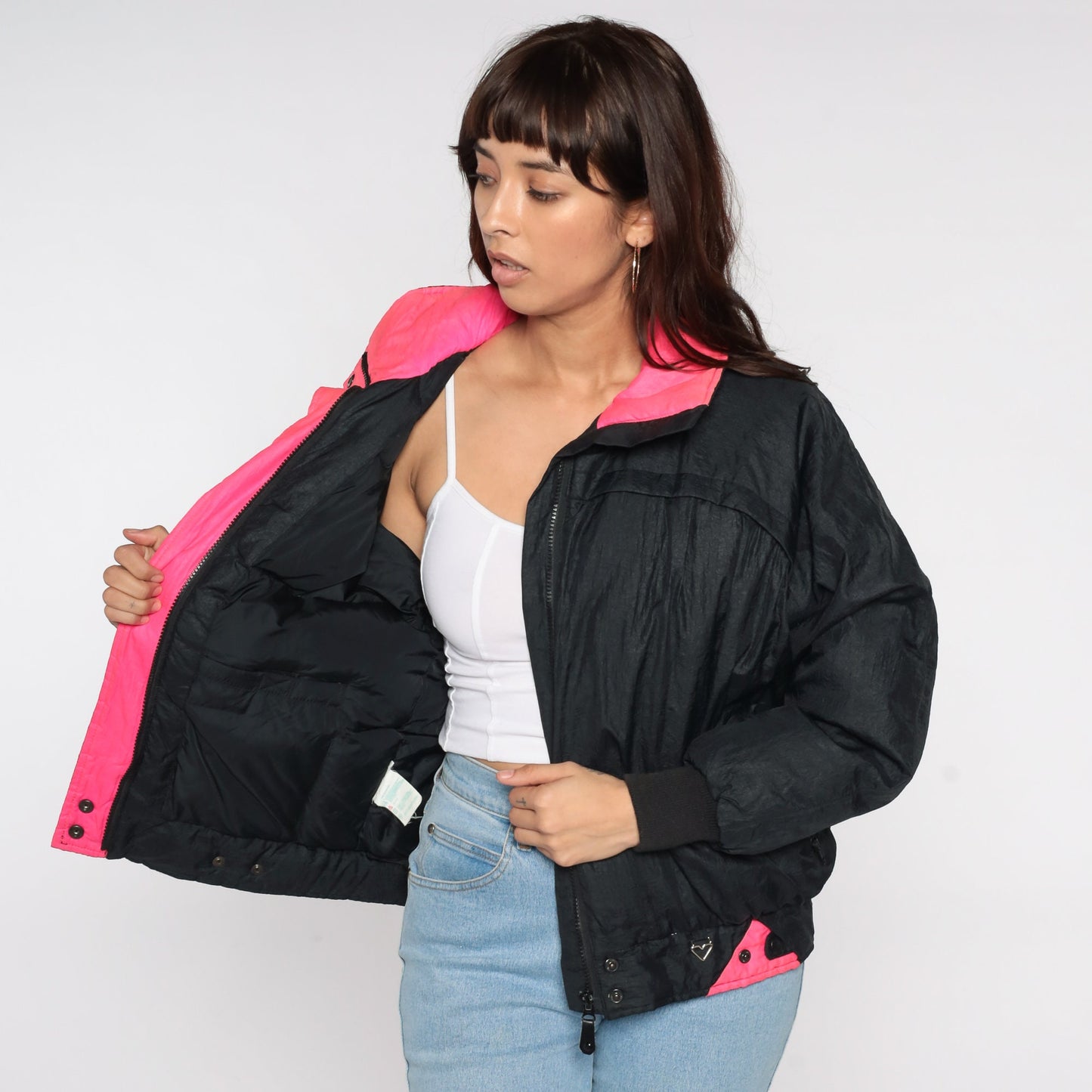 80s Obermeyer Black Puffer Ski Jacket Neon Pink Trim Medium