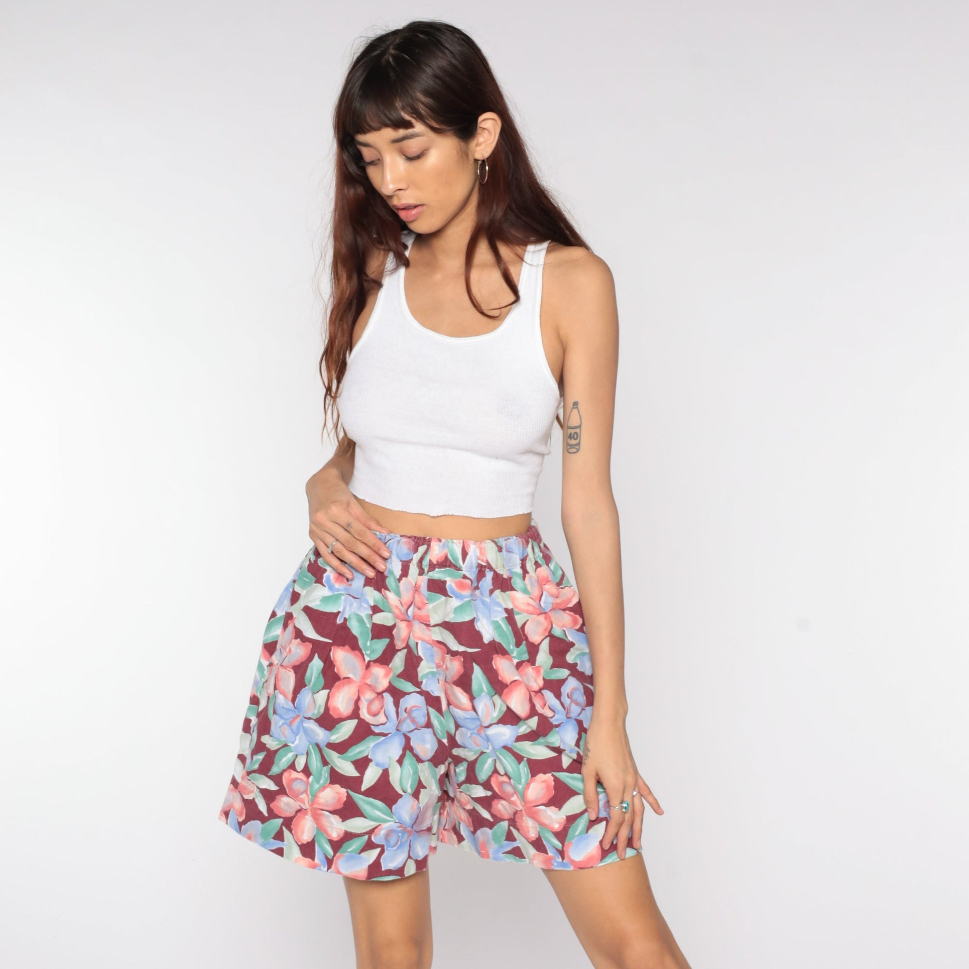 90s Floral High-Waist Baggy Shorts Burgundy Wide Leg Small Medium
