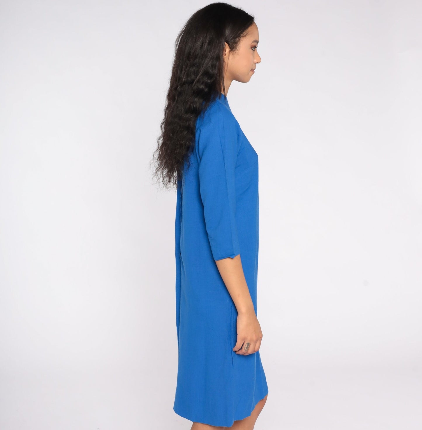 70s Blue Shift Dress Midi Length Raglan Sleeve Medium