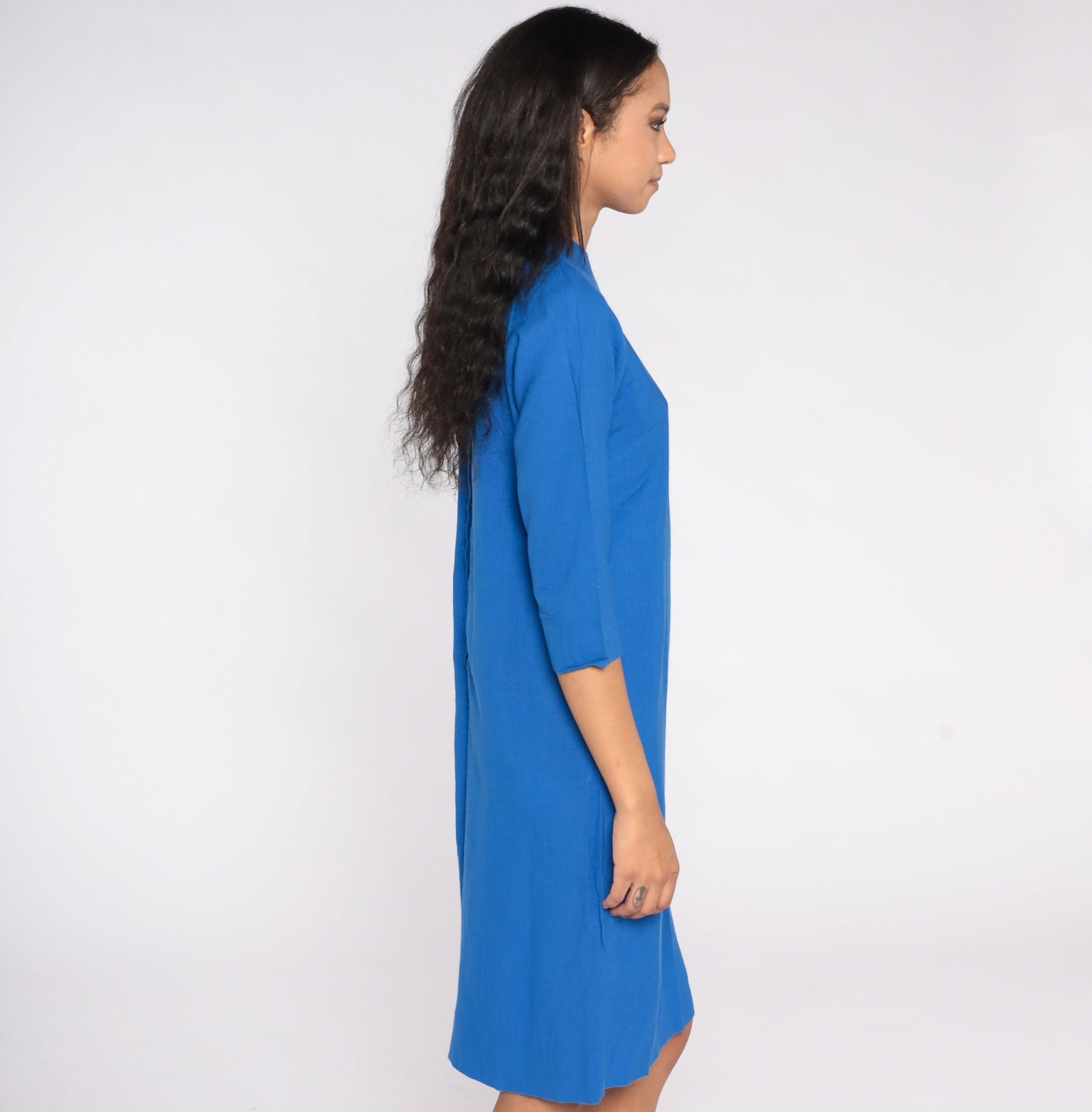 70s Blue Shift Dress Midi Length Raglan Sleeve Medium