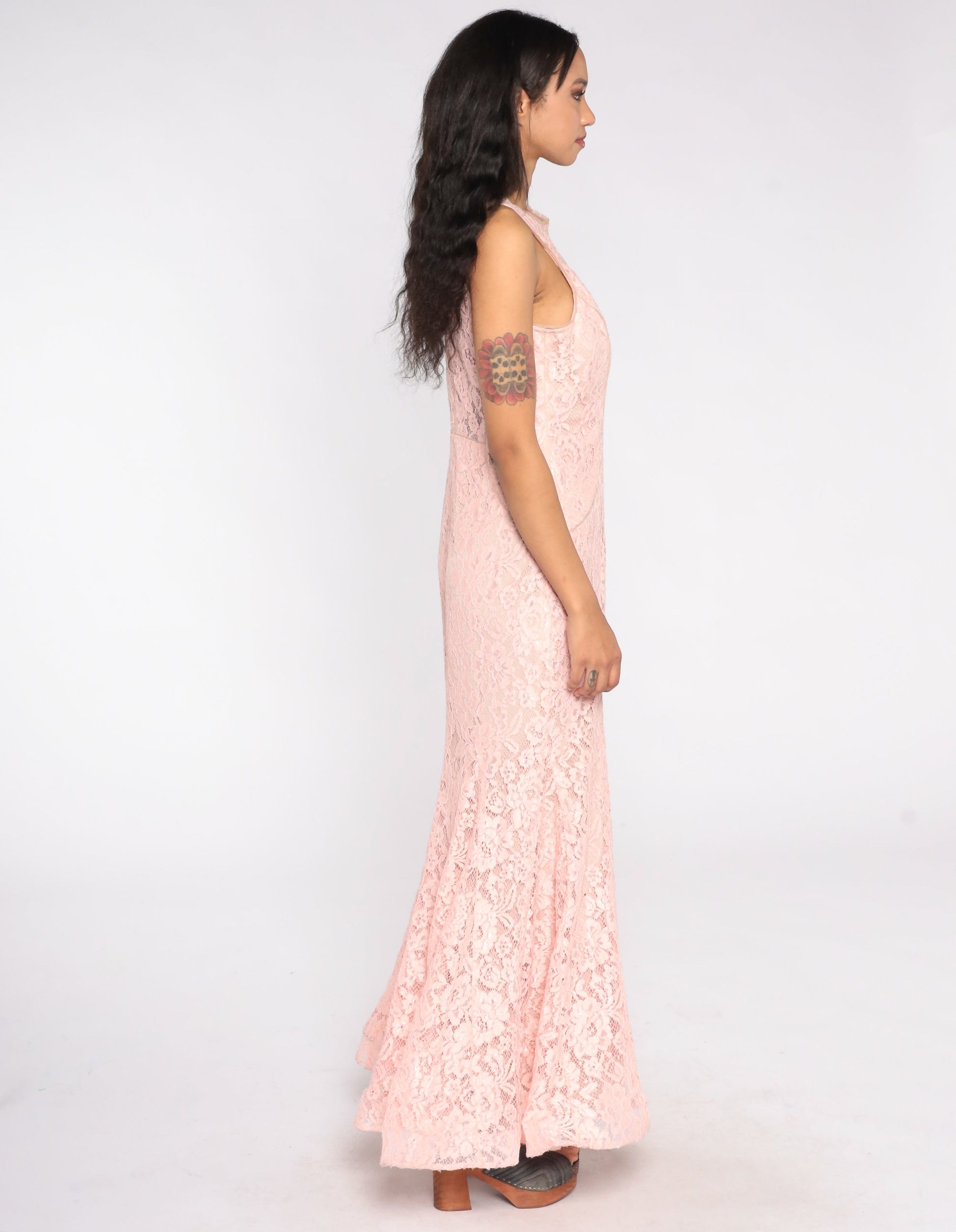 Y2K Baby Pink Lace Maxi Dress Plunge Illusion Neckline Sleeveless Large 12P