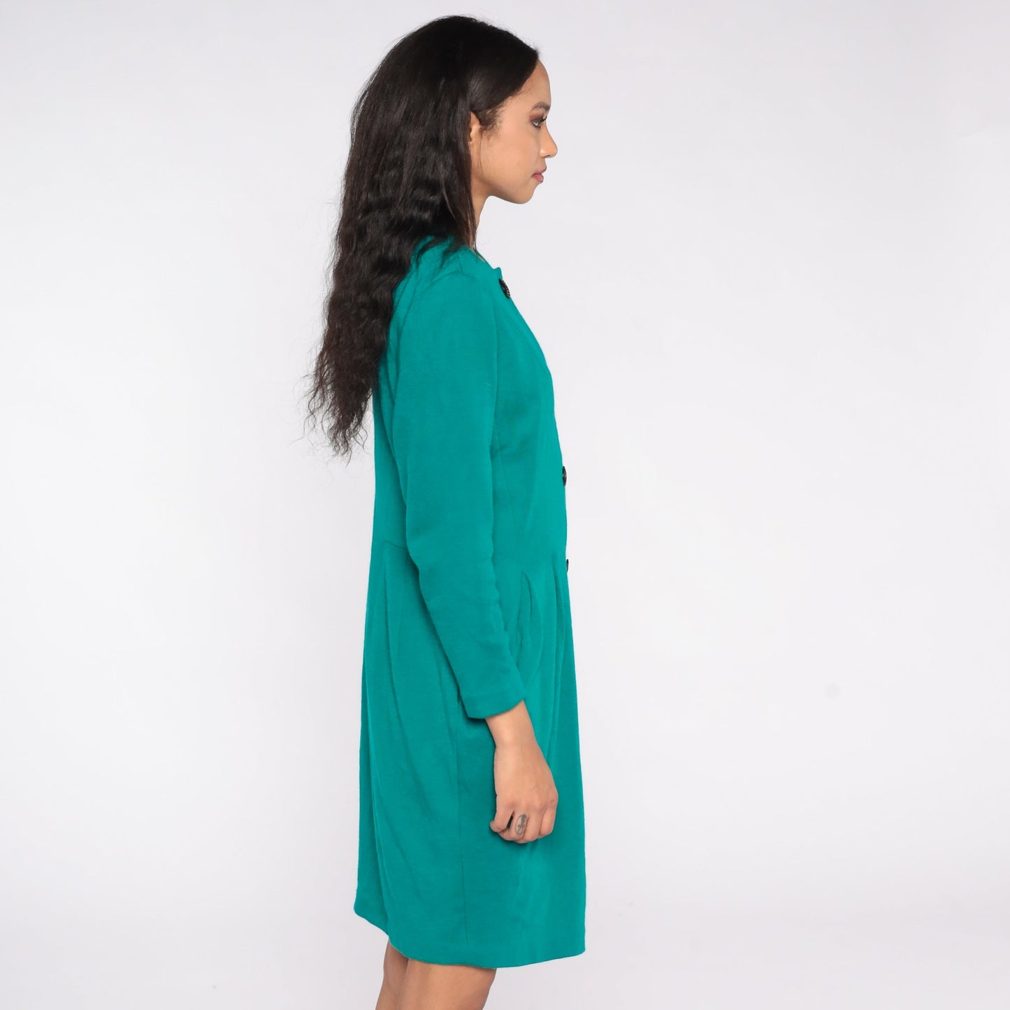 80s Teal Button-Up Mini Dress Sheath Cut Short Sleeve Large L