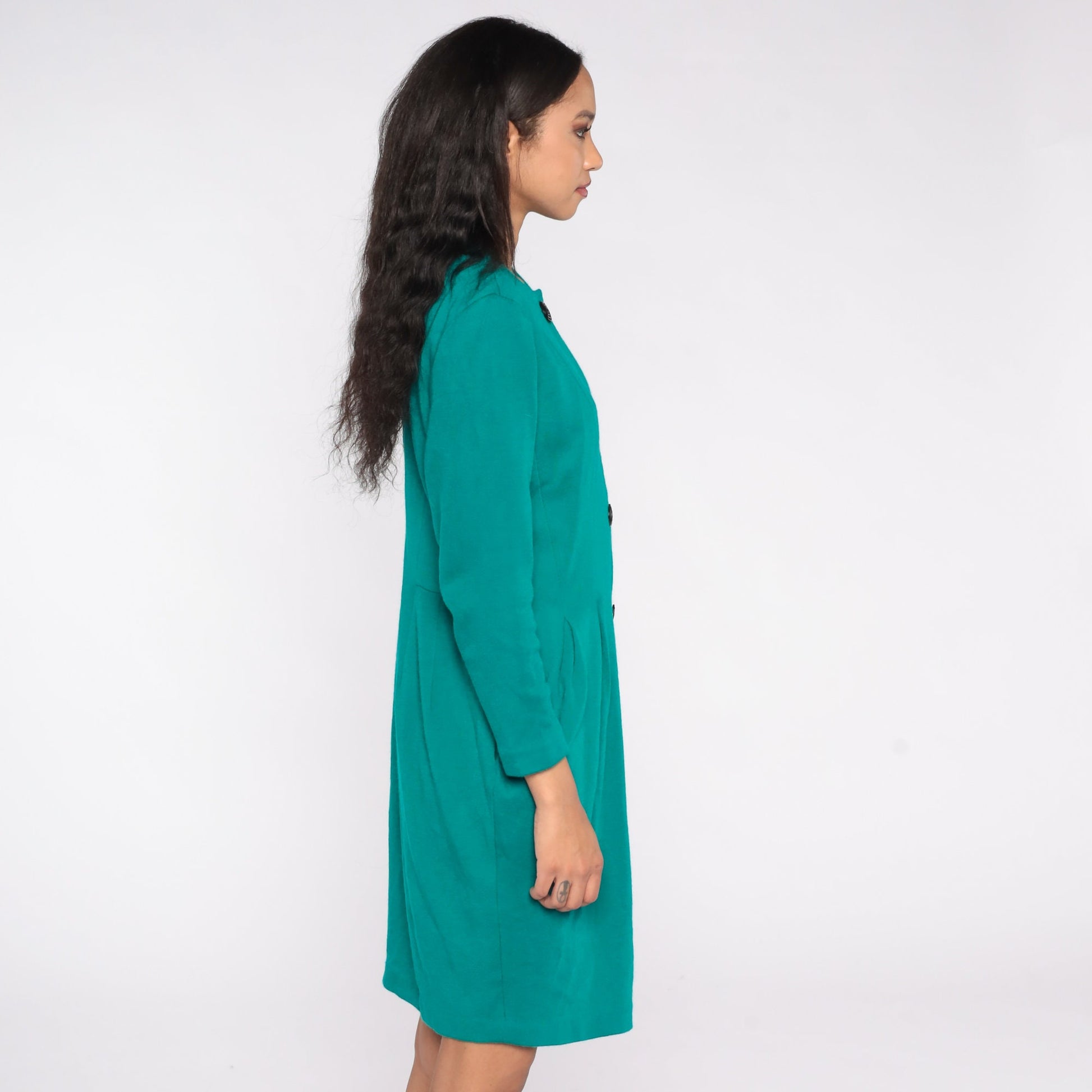 80s Teal Button-Up Mini Dress Sheath Cut Short Sleeve Large L